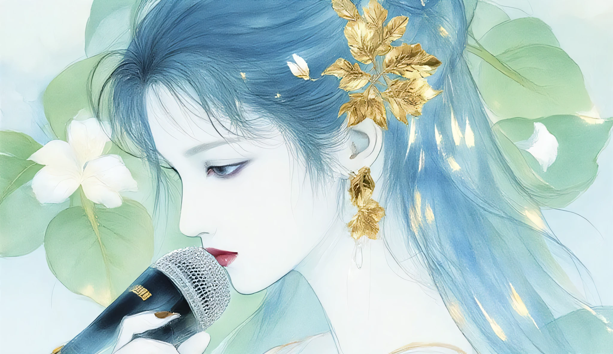 A woman singing into a microphone.work. A woman wearing a golden natural motif accessory、 flowing , digital art with quiet and mystical scenes。they look like waves and fog、gracefully on translucent green leaves I'm leaning back. the leaves mix with delicate white petals、to the beautifully vivid and vividly drawn. the overall color is soft、Calming, Blue and white shades dominate, Inspires peace and serenity. but、The lines in the painting are extremely delicate、shine mysteriously.the woman's posture and gentle flow of leaves、suggest movement and grace, creating a harmonious, dreamy atmosphere.The colors and fine lines、shines amazingly. add elegance and serenity.
