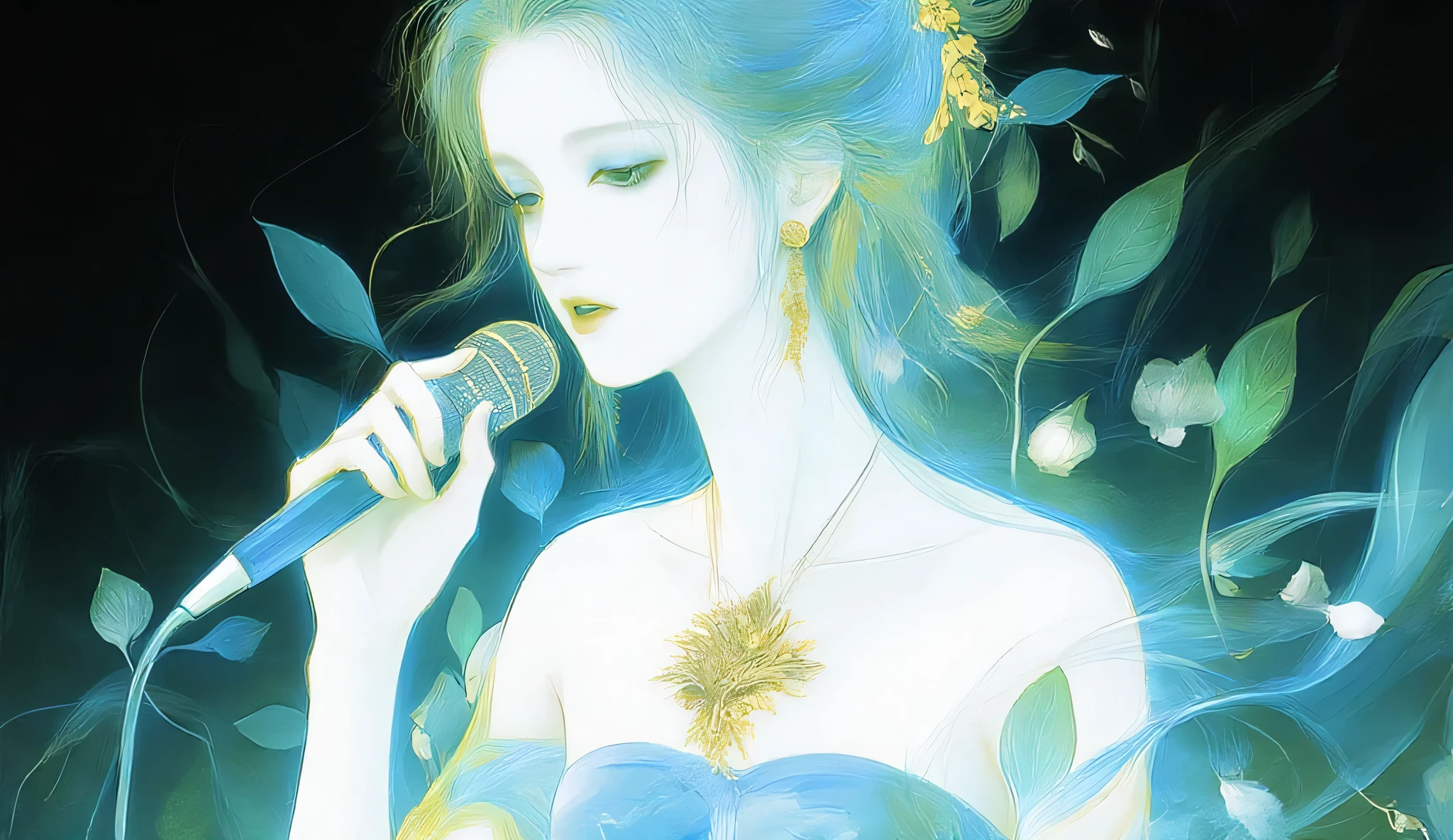 A woman singing into a microphone.work. A woman wearing a golden natural motif accessory、 flowing , digital art with quiet and mystical scenes。they look like waves and fog、gracefully on translucent green leaves I'm leaning back. the leaves mix with delicate white petals、to the beautifully vivid and vividly drawn. the overall color is soft、Calming, Blue and white shades dominate, Inspires peace and serenity. but、The lines in the painting are extremely delicate、shine mysteriously.the woman's posture and gentle flow of leaves、suggest movement and grace, creating a harmonious, dreamy atmosphere.The colors and fine lines、shines amazingly. add elegance and serenity.