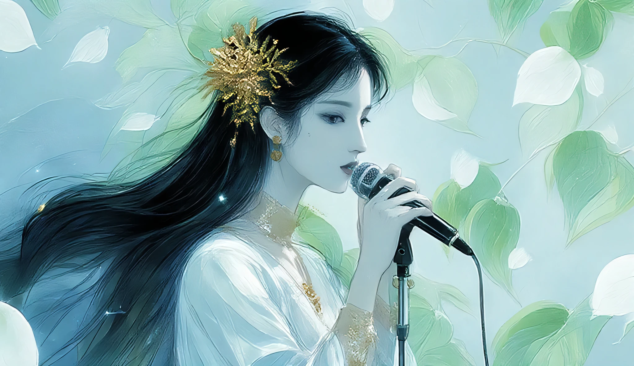 A woman singing into a microphone.work. A woman wearing a golden natural motif accessory、 flowing , digital art with quiet and mystical scenes。they look like waves and fog、gracefully on translucent green leaves I'm leaning back. the leaves mix with delicate white petals、to the beautifully vivid and vividly drawn. the overall color is soft、Calming, Blue and white shades dominate, Inspires peace and serenity. but、The lines in the painting are extremely delicate、shine mysteriously.the woman's posture and gentle flow of leaves、suggest movement and grace, creating a harmonious, dreamy atmosphere.The colors and fine lines、shines amazingly. add elegance and serenity.