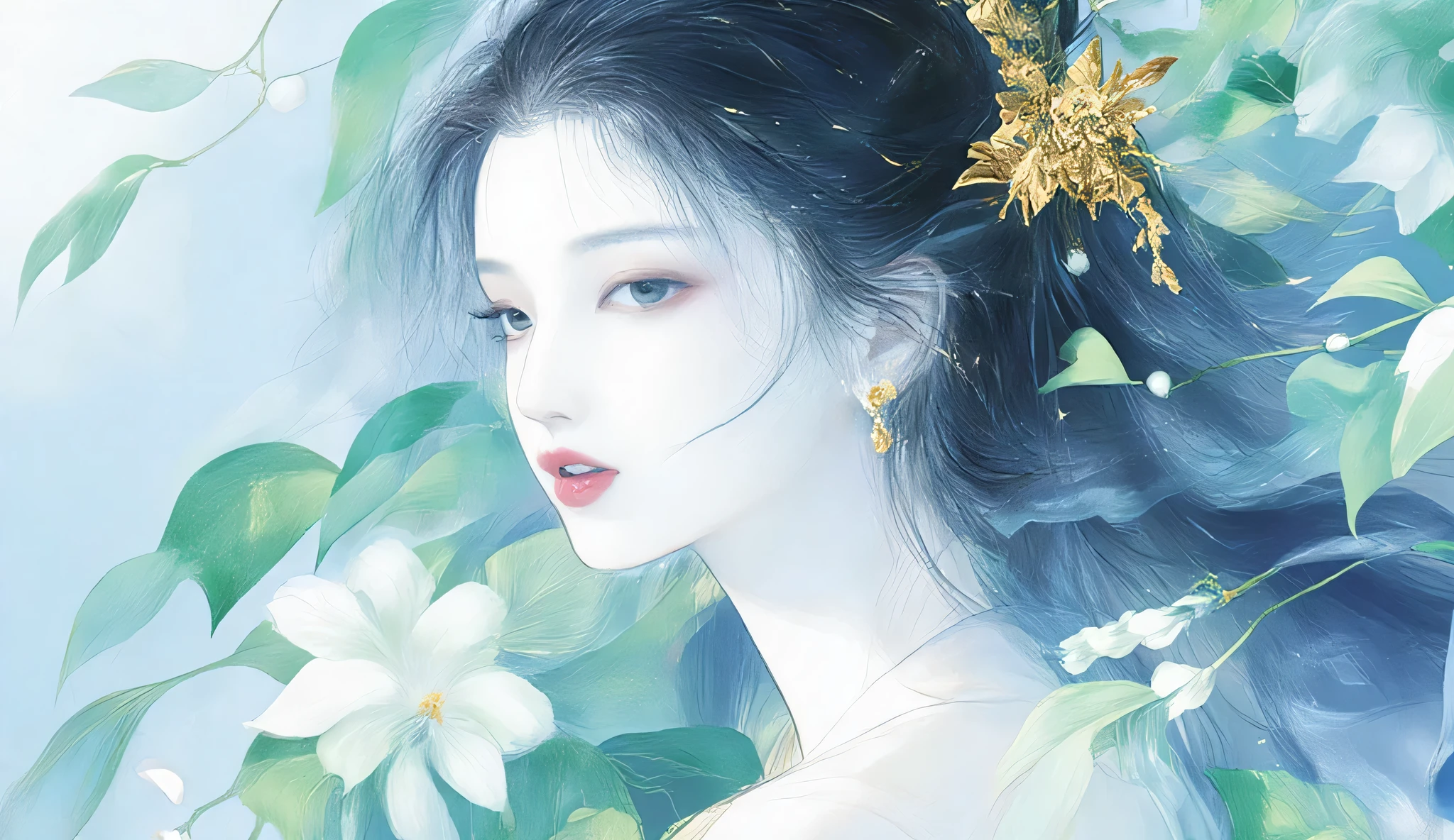 A woman singing into a microphone.work. A woman wearing a golden natural motif accessory、 flowing , digital art with quiet and mystical scenes。they look like waves and fog、gracefully on translucent green leaves I'm leaning back. the leaves mix with delicate white petals、to the beautifully vivid and vividly drawn. the overall color is soft、Calming, Blue and white shades dominate, Inspires peace and serenity. but、The lines in the painting are extremely delicate、shine mysteriously.the woman's posture and gentle flow of leaves、suggest movement and grace, creating a harmonious, dreamy atmosphere.The colors and fine lines、shines amazingly. add elegance and serenity.