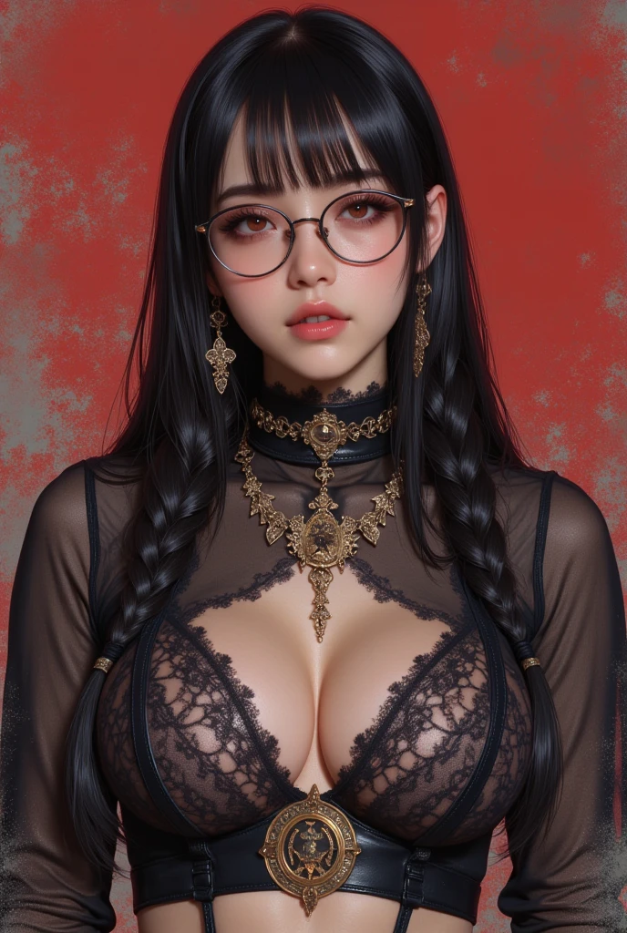 Fine、(The best illustrations)、8k UHD resolution、intricate-detail、top-quality、realisitic、ultra-detailliert、The best lighting、Best Shadows、Soft lighting、Ulutra HD、Ultra-realistic、Tindall Effect、Photorealsitic、(High Detail Skins:1.2)、 (Intricate details, makeup, pureerosface_v1:0.5), (Detailed beautiful delicate face, Detailed beautiful delicate eyes, A perfectly proportioned face, High detailed skin, Detailed skin, best ratio four finger and one thumb, arms below breasts, Tattoo with a red glow under the stomach、Awesome awesome, wide hips, smooth midriff, skiny and thin, __Fashion__, __hair__:1.25)、Digital SLR、 absurderes、(masutepiece: 1.3), (max resolution: 1.2), (Ultra HDTV: 1.2), cinematric light, Detailed eyes and skin, detailed facial features, , (Sharp Focus: 1.2）, (Focus on Face:1.2),Perfect Style, Beautiful face, acurate, Anatomically correct, Highly detailed face and skin texture, Detailed eyes, Double eyelids, Thin eyebrows, Glitter Eyeliner: 1 Natural cheeks, Glossy skin, Fair skin: 1.2, (Glossy lips: 1.4),(Shy look: 1.2),Highly detailed facial and skin texture, Detailed eyes, Double eyelids, Natural cheeks,  shiny lips: 1.4,Exposed cleavage、Bewitching。Seductive、dark brown hair。Evil Nun、Torn monastic clothing、corsets、fishnet tights、Chest is emphasized、((((Huge glasses, Otaku Glasses, thick glasses, Round glasses)))),(((Colossal tits)))、The long-haired、Braids、Black hair、Ponytail distortion、, Ponytail with a bow tied at the back of the hair, Beautiful expression、Body Up、Large breasts emphasis、Bust, Super tight breasts, Breast augmentation surgery, The breasts are very big and round and round,Toned waist、Wide buttocks、intricate tattoos, demonic intricate tattoos, thigh tattoos, body tattoos, Red sparkling gemstone necklace、Jewelry Gwise, wearing black mesh socks,Wear light red、nffsw, nffsw, Meet beautiful girls, Look at the girl's body, Bat Wings，(((Demon Horns)))、(Devil's Tail)、In the Dark、(Detailed spooky backgrounds:0.8),holding a snake whip in hand、