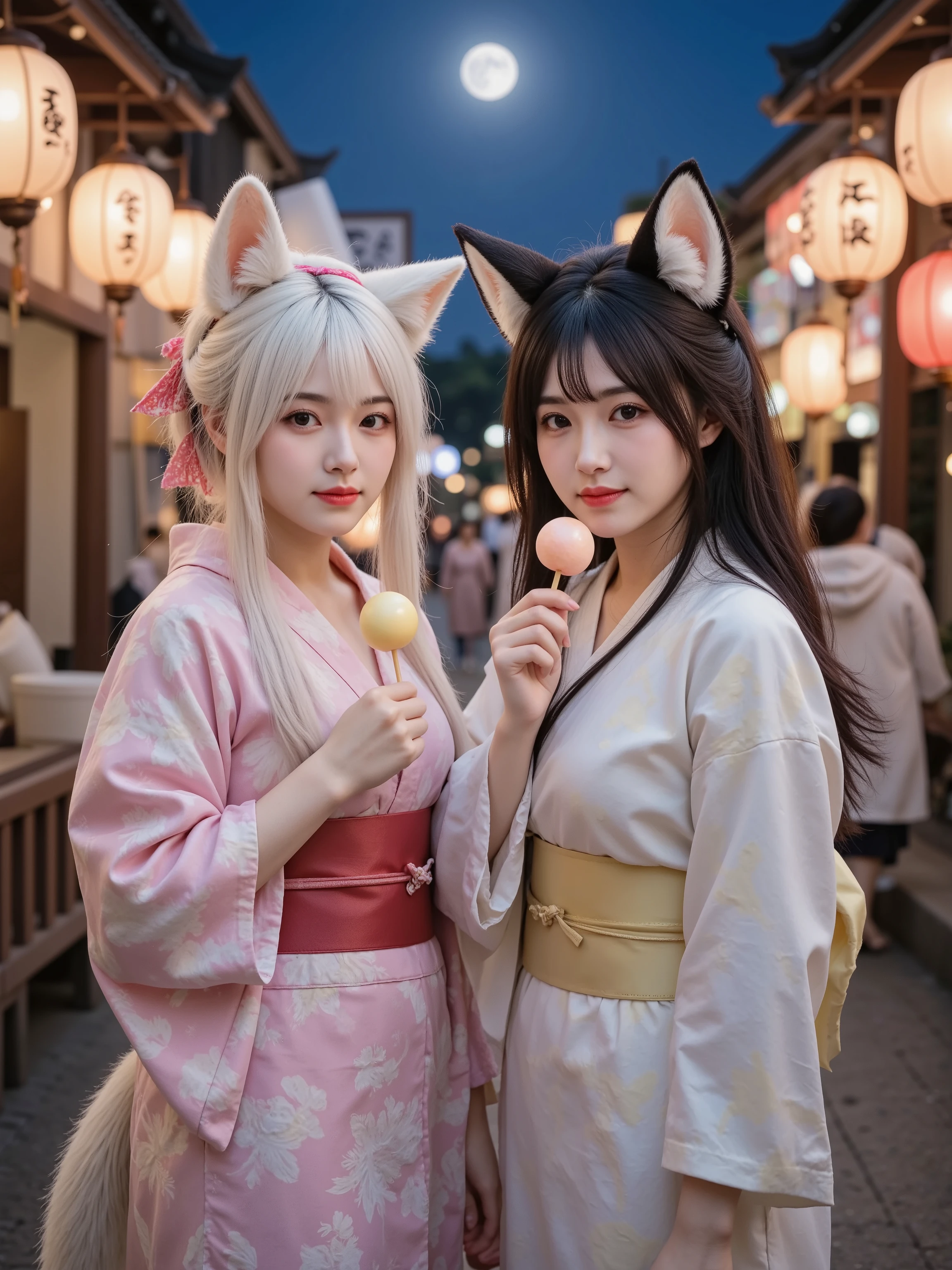 Moonlit Night, Night Festival, 2 people, Smile Yan, Long-haired woman with fox ears, dark-haired shorthair woman with cat ears, is wearing a yukata and eating candy apples, 日本のNight Festivalり, mystical atmosphere, Sunset Sky, Delicate Standing Position, Soft Natural Light, Realistic, high resolution, 超Realistic, Delicate Details, Professional, 3d rendering, extremely detailed, Vivid Colors, bokeh