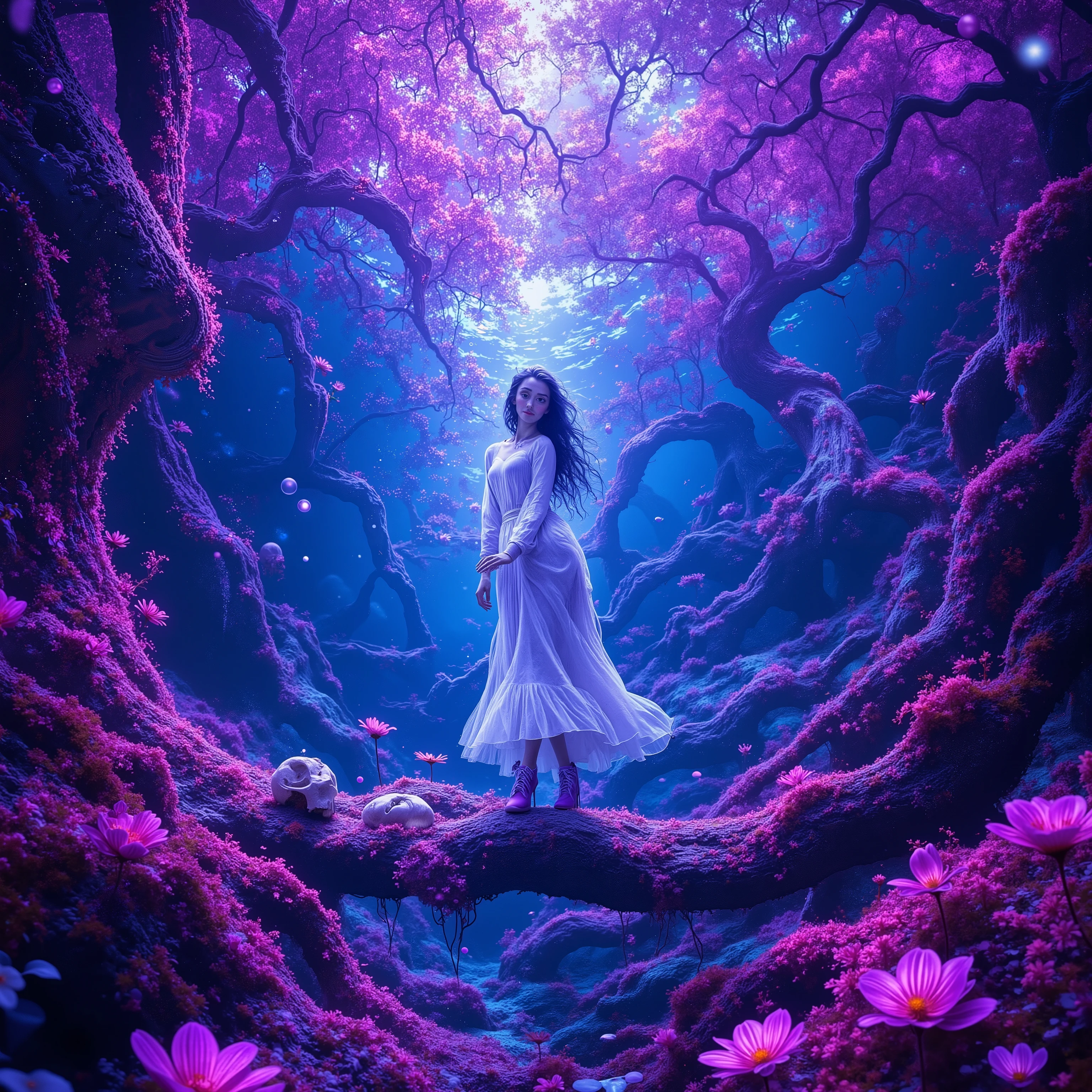 Underwater, bubbles from the deep, enhanced by ring art, purple flowers underwater, a bridge over old skeletons, waves of horror pink reverberate through the water, psychedelic, organic growth, twisted human woman in a white dress walks over the underwater bridge, amongst ancient trees, purple flowers everywhere change shape, Psilocybin imagery, LSD visuals, DMT dreams, haunting sight, deep purples and hot pinks, blues and warm light from unknown sources above. Ultra-realistic, photo-realistic, cinematic photography, cinematography, hyperrealistic, startling presence, icon style, intricate details, dramatic lighting, ethereal atmosphere, surreal, whimsical, experimental art, psychedelic psychotrance artwork centers, electric emerald foliage, creating a sense of wonder and enchantment, a masterpiece