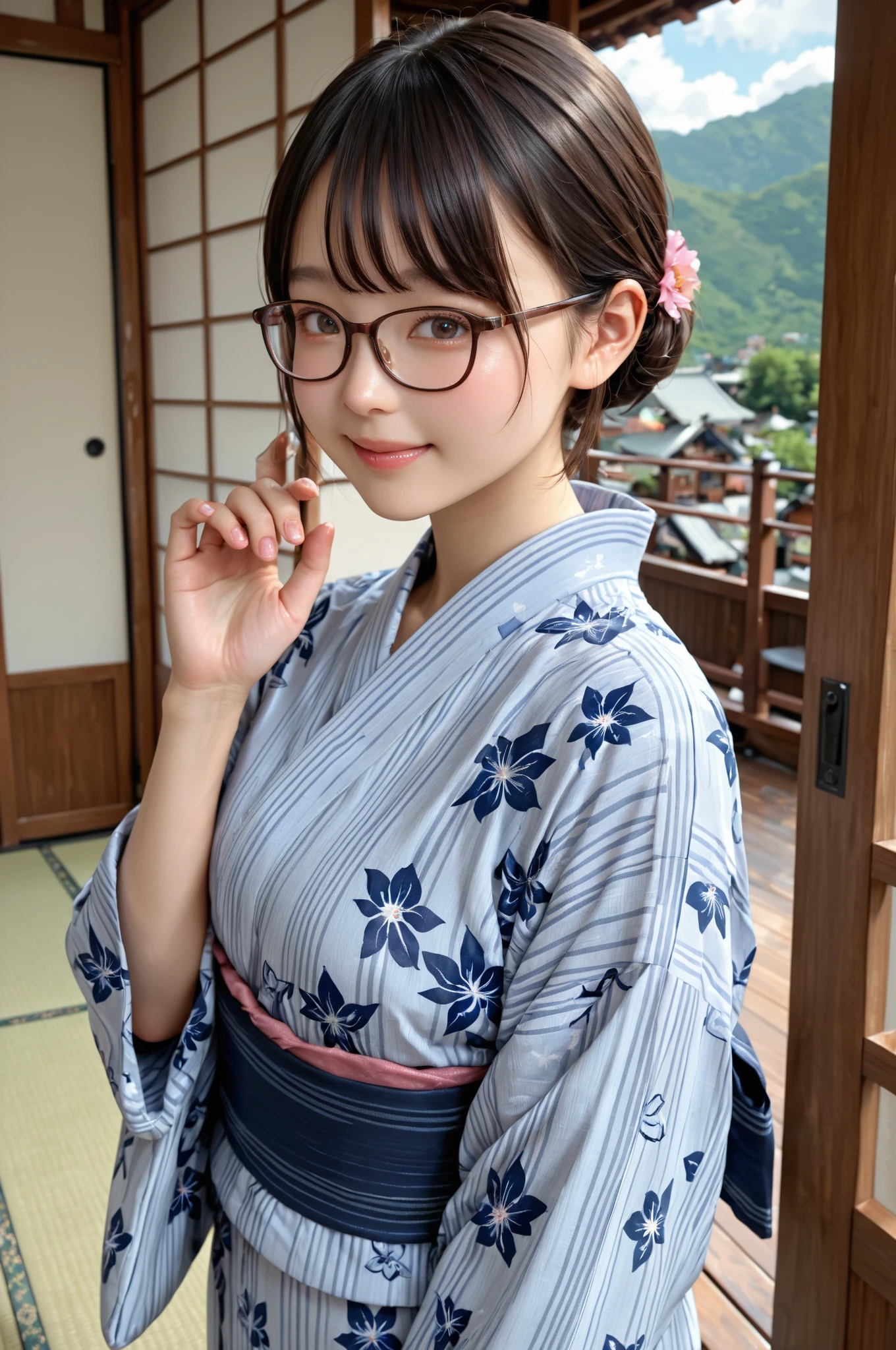 (Super beautiful woman in kimono)、((highest quality、8K masterpiece:1.3))、sharp focus:1.2、(super beautiful face:1.0)、(shiny skin:1.0)、realistic pictures、black hair、video lighting、High resolution eyes and face、video lighting、japanese actress、from the front、、with a happy smile、Slender abs beauty、whole body、wearing a kimono、in Kyoto、(((luxury obi)))、In Kyoto at night、wearing glasses with no edge、with a fan、Fireworks Display