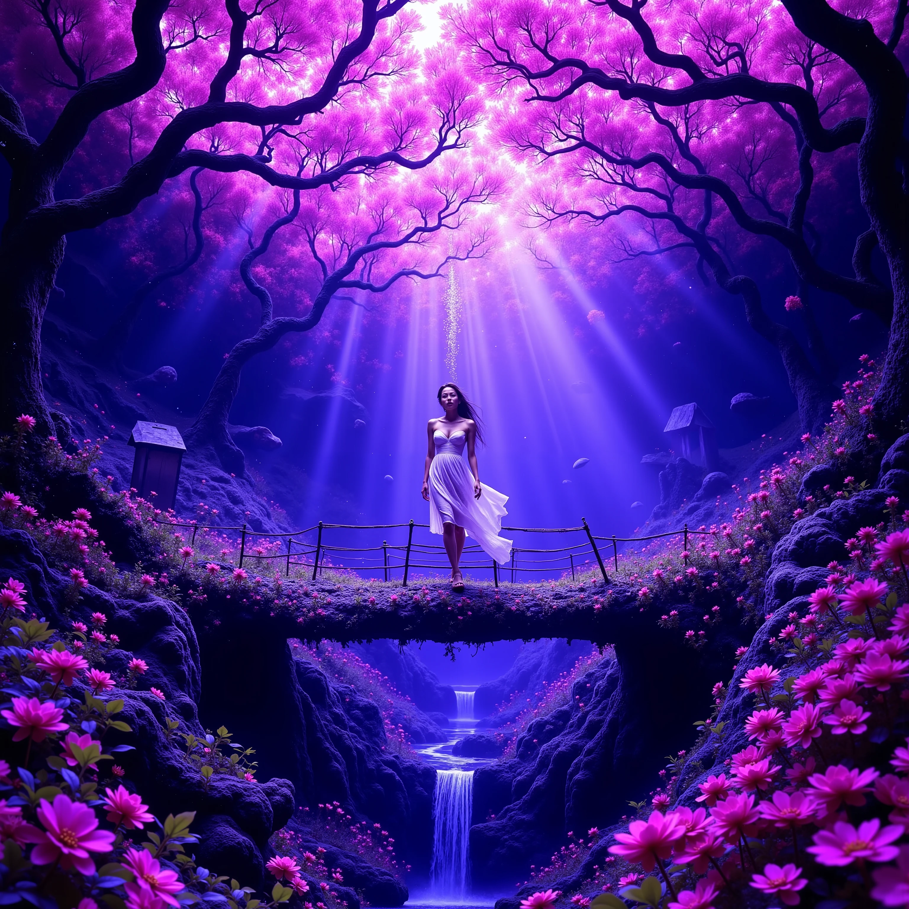 Underwater, bubbles from the deep, enhanced by ring art, purple flowers underwater, a bridge over old skeletons, waves of horror pink reverberate through the water, psychedelic, organic growth, twisted human woman in a white dress walks over the underwater bridge, amongst ancient trees, purple flowers everywhere change shape, Psilocybin imagery, LSD visuals, DMT dreams, haunting sight, deep purples and hot pinks, blues and warm light from unknown sources above. Ultra-realistic, photo-realistic, cinematic photography, cinematography, hyperrealistic, startling presence, icon style, intricate details, dramatic lighting, ethereal atmosphere, surreal, whimsical, experimental art, psychedelic psychotrance artwork centers, electric emerald foliage, creating a sense of wonder and enchantment, a masterpiece