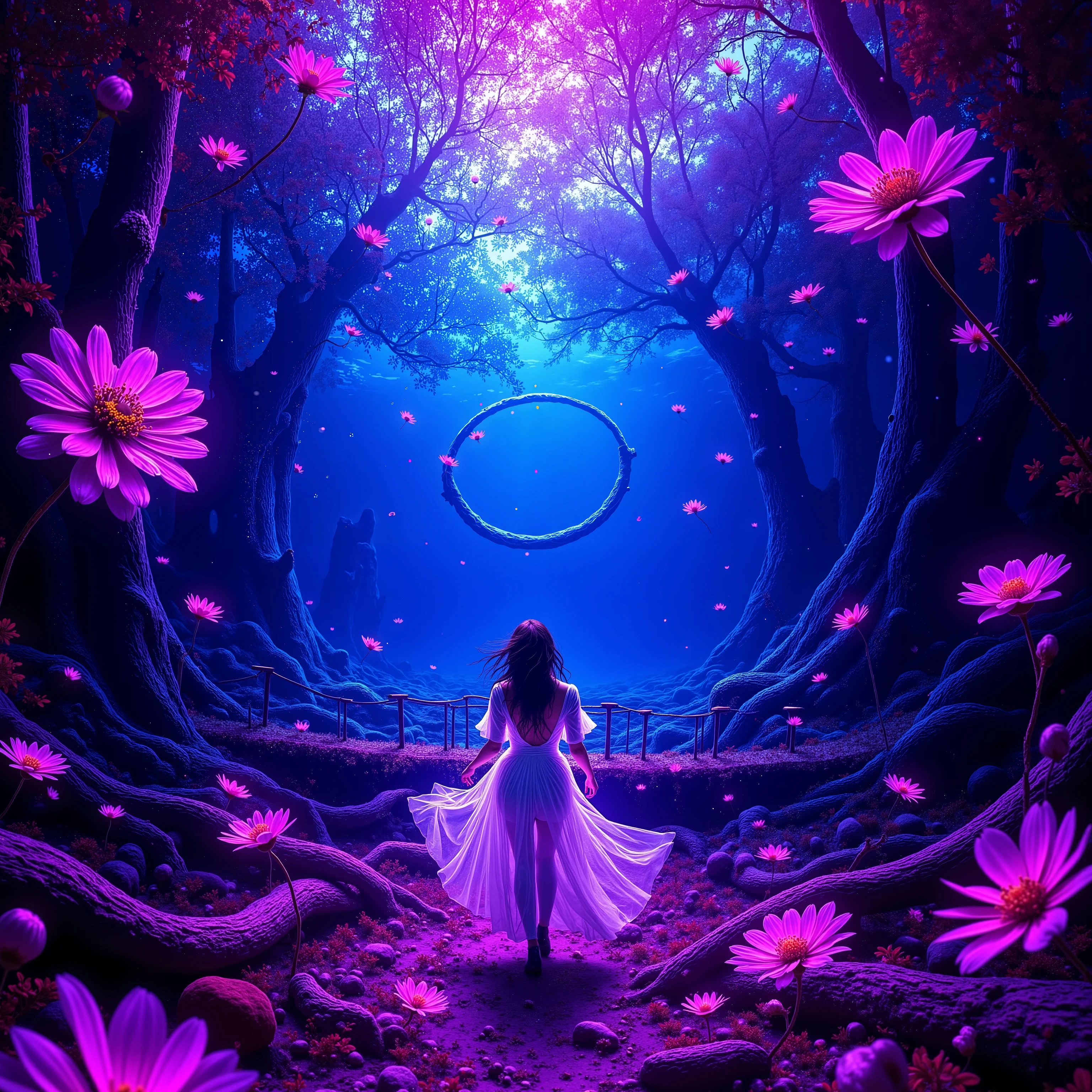 Underwater, bubbles from the deep, enhanced by ring art, purple flowers underwater, a bridge over old skeletons, waves of horror pink reverberate through the water, psychedelic, organic growth, twisted human woman in a white dress walks over the underwater bridge, amongst ancient trees, purple flowers everywhere change shape, Psilocybin imagery, LSD visuals, DMT dreams, haunting sight, deep purples and hot pinks, blues and warm light from unknown sources above. Ultra-realistic, photo-realistic, cinematic photography, cinematography, hyperrealistic, startling presence, icon style, intricate details, dramatic lighting, ethereal atmosphere, surreal, whimsical, experimental art, psychedelic psychotrance artwork centers, electric emerald foliage, creating a sense of wonder and enchantment, a masterpiece