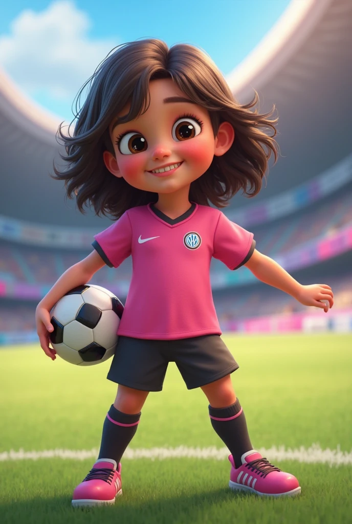 ((best quality)), ((masterpiece)), (detailed), perfect face Disney cover cute  with black hair, playing soccer on a soccer field with a worn pink shirt with a soccer ball on the foot pink background with soccer field