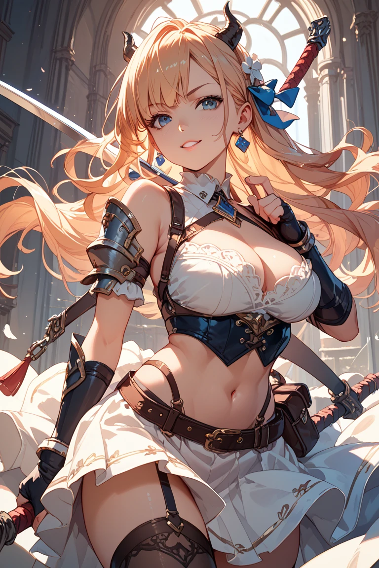 Photo of woman, hair blonde, longye hair, tied up hair, tiara on head, violet eyes, knight outfit, bow and arrow in hand, Black clothing with white details, HD, garota jovem, bountiful breasts.