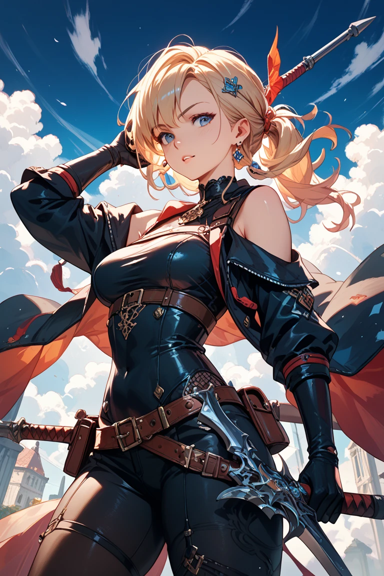 jean, jeangunnhildr, medium cut hair, hits, by rubio, yellow hair, hair ornament, (blue eyes:1.3), league, SMILE, SMILE, Thighs, gloves, neckline, earrings, black gloves, fingerless gloves, leather trim, english clothes, vision \(genshin impact\), REST outdoors, REST looking at the viewer, (cowboy shot:1.5), (Masterpiece:1.2), Best Quality, high resolution, unity wallpaper 8k, (illustration:0.8), (Beautiful detailed eyes:1.6), extremely detailed face, perfect lighting, Extremely detailed CG, (perfect hands, perfect anatomy),