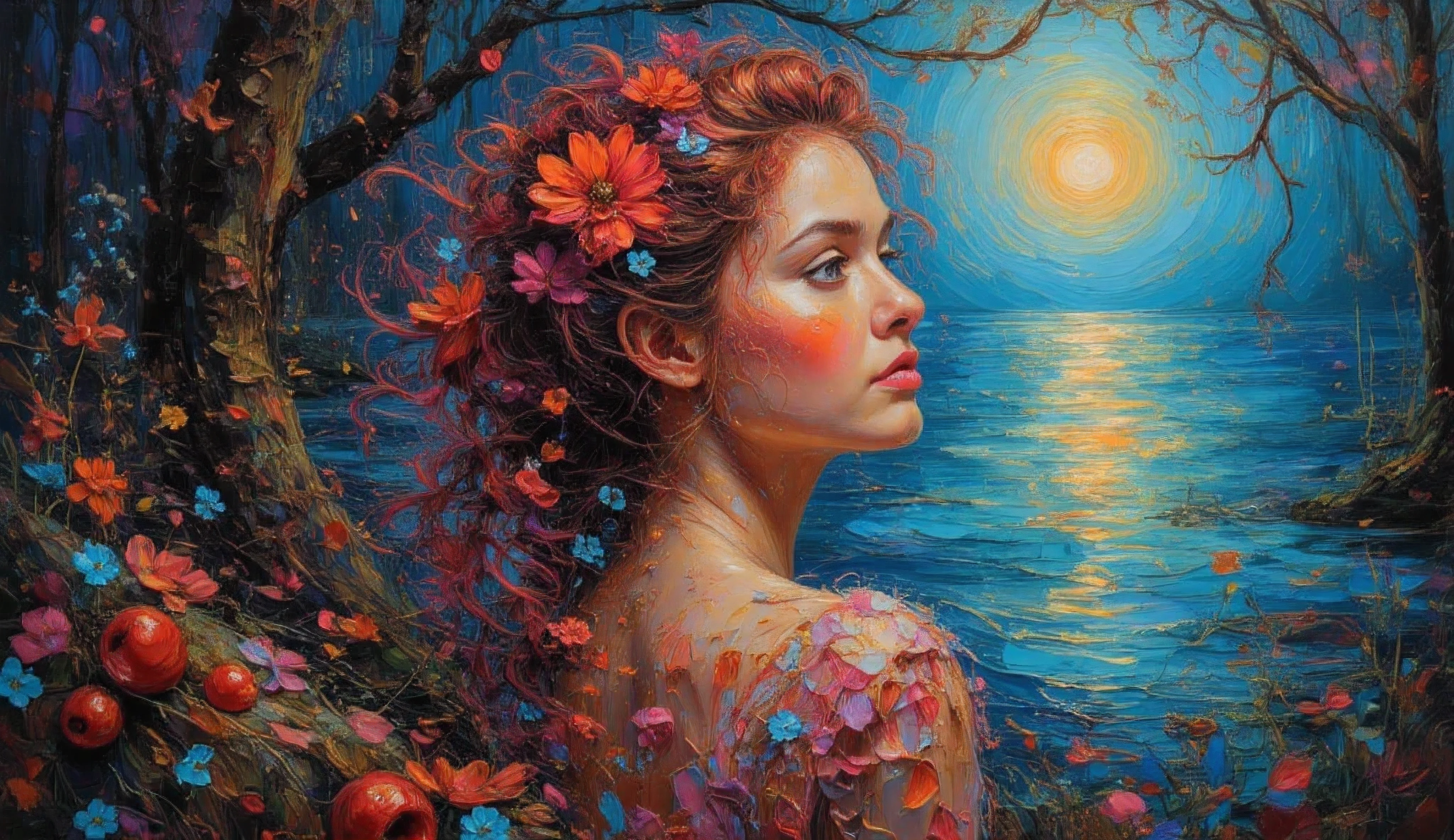 Fantasy-style painting of a young girl sitting in an enchanted forest at twilight. Her hair, shimmering in vibrant red and blue , flows, entwined with intricate zentangle flowers and swirling cranberries. The scene is bathed in soft moonlight with drifting petals and faint golden sparkles rising from the water. A tranquil yet melancholic mood. high contrast, dramatic lights