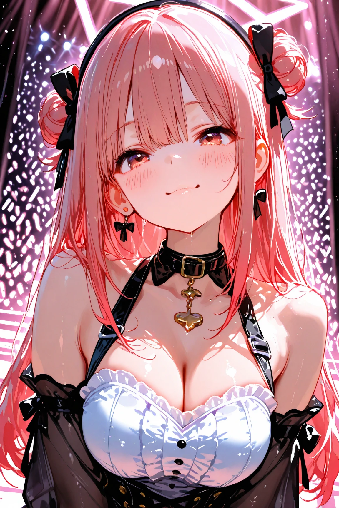 1 girl, pink long bun hair, Symbol-shaped eyes, +_+, big breasts, idol costume, {girl with pink long bun hair named Nami}, (Pink eye color), {downtown}, (smile), bright background , mole under eye, heart shaped choker, (masterpiece, highest quality), very detailed, highest quality, official art, beautiful and aesthetic: 1.2), (1 girl), very detailed, (geometry art: 1.3), colorful, most detailed ?d1 girl, pink long bun hair, Eye of the symbol, +__+, big breasts, gothic costume, {A girl with long pink bun hair named Nami}, (Pink eye color), {downtown}, (smile), bright background, (garden,beautiful flower々),mole under eye, heart shaped choker, (masterpiece, highest quality), official art, beautiful and aesthetic: 1.2), (1 girl), very detailed, (geometry art: 1.3), colorful