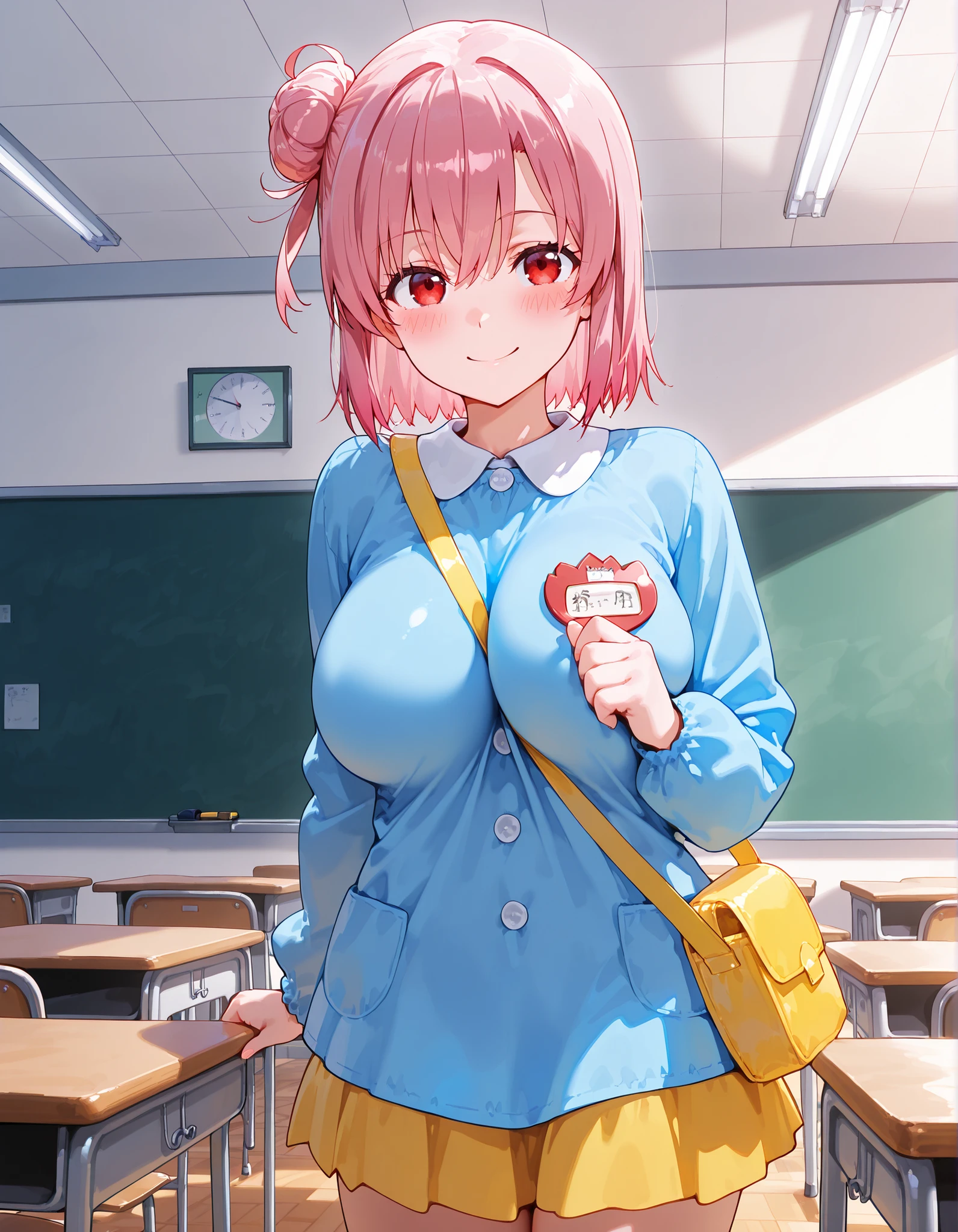 score_9, score_8_up, score_7_up, score_6_up, score_5_up, score_4_up, Highest Quality, masterpiece,
solo, 1girl,
(yui yuigahama), short hair, pink hair, side hair bun, red eyes,
soft boob,
enji-costume,kindergarten uniform,
smile, blush,
classroom, kindergarten,