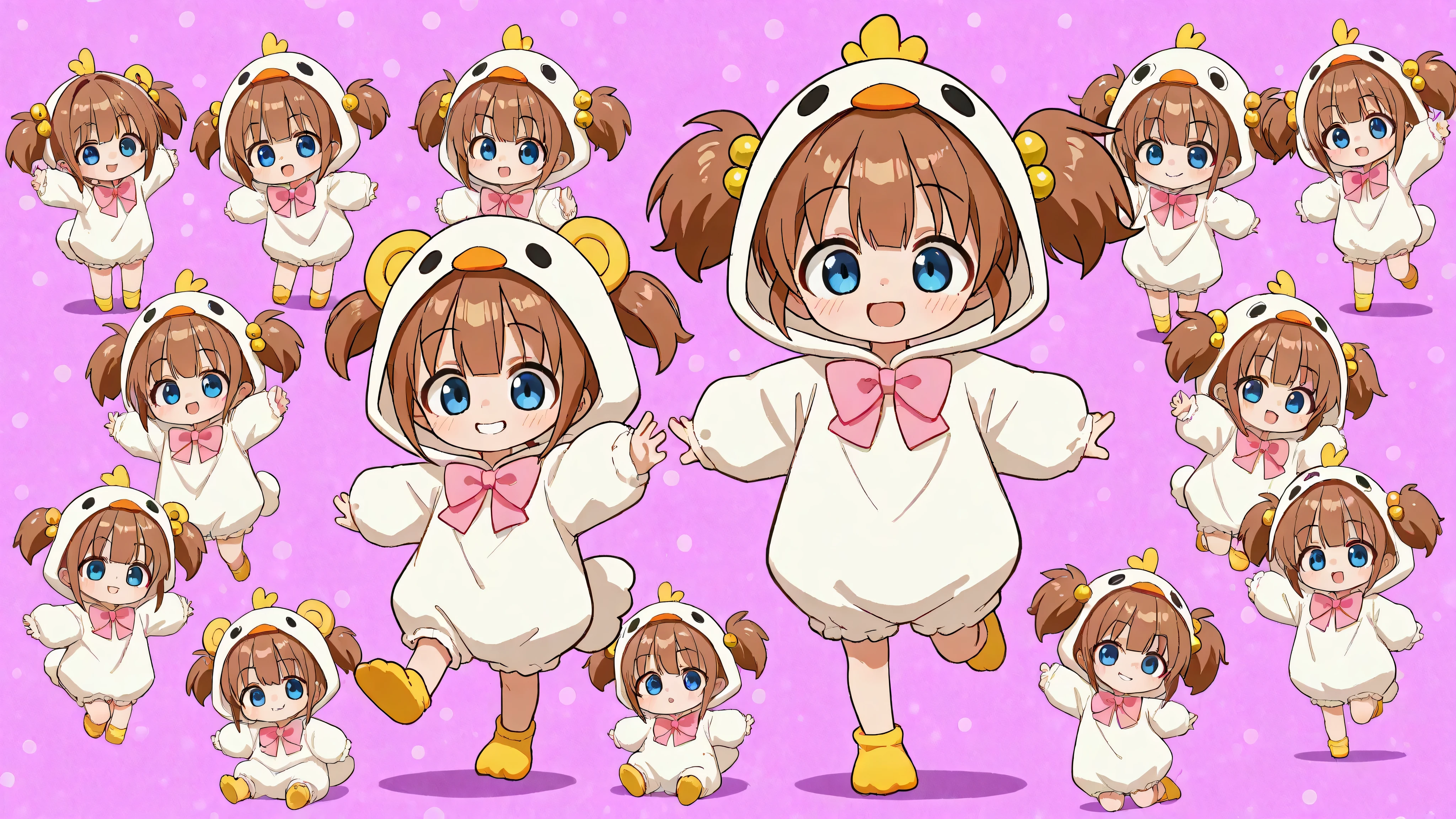 A woman singing into a microphone. Chibi, full body, cute girl, naughty smile, evil smile, yandere, silky shiny flowing platinum fluffy short pigtails and sideburns, wearing a cute puffy duck costume, pink bow tie, background is simple hot pink with various large and small white cracked dots scattered, masterpiece, top quality, amazing quality, hyper detail, latest, very aesthetic傑作,最高品質,からのブリードウルトラディテール,不条理,水彩画 \(中\),パステルカラー,multicolored 戻るground,(ベクターフレーム:1.5),
1girl,桜井桃佳,魔法少女,立っている,長袖,フラワー,首を傾げる,上半身,半分閉じた目,魅惑的な_スマイル,傾斜_前方,アーム_後ろ_戻る,指を口に,parted lips,