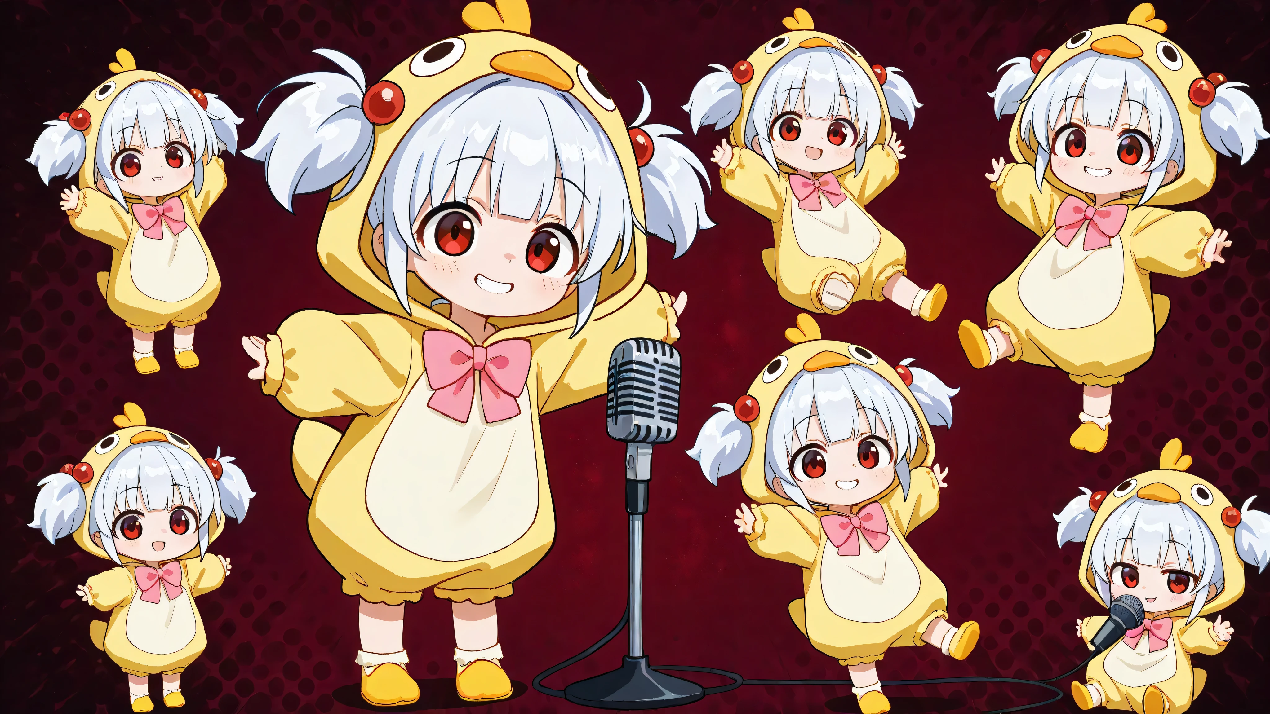A woman singing into a microphone. Chibi, full body, cute girl, naughty smile, evil smile, yandere, silky shiny flowing platinum fluffy short pigtails and sideburns, wearing a cute puffy duck costume, pink bow tie, background is simple hot pink with various large and small white cracked dots scattered, masterpiece, top quality, amazing quality, hyper detail, latest, very aesthetic傑作,最高品質,からのブリードウルトラディテール,不条理,水彩画 \(中\),パステルカラー,multicolored 戻るground,(ベクターフレーム:1.5),
1girl,桜井桃佳,魔法少女,立っている,長袖,フラワー,首を傾げる,上半身,半分閉じた目,魅惑的な_スマイル,傾斜_前方,アーム_後ろ_戻る,指を口に,parted lips,
