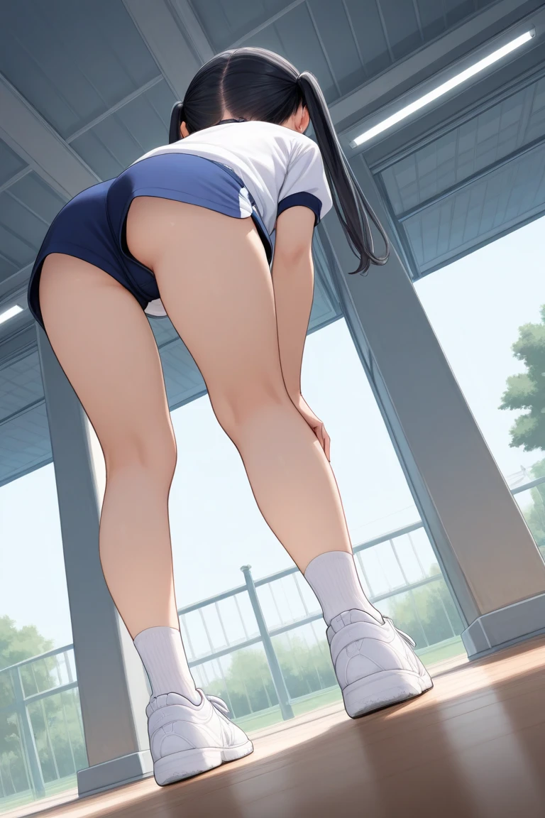 1 girl,alone,Youmu,white shirt,white socks, Gym suit,Dark blue bloomers, sports shoes, sitting, spread legs,schoolyard,outdoor, blue sky,Sweat, front elevation
break
(masterpiece, highest quality,Super detailed,)