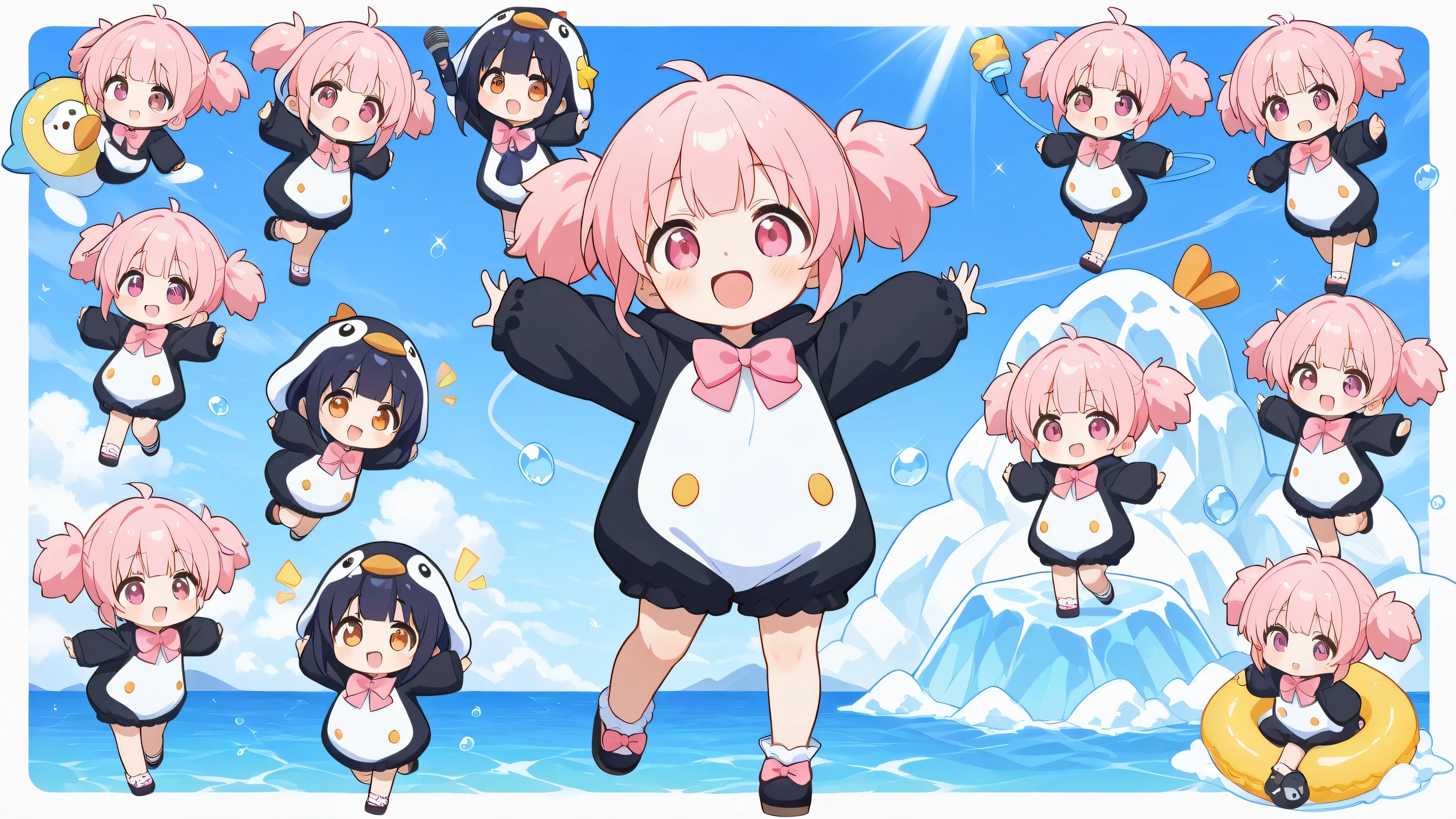 A woman singing into a microphone. Chibi, full body, cute girl, smile, fluffy short twin tails and sideburns in silky shiny flowing platinum, wearing a cute plump penguin costume, Pink Bow Tie, The background is an iceberg and ocean, masterpiece, Highest Quality, great quality, HYPER DETAIL, Newest, very aesthetic