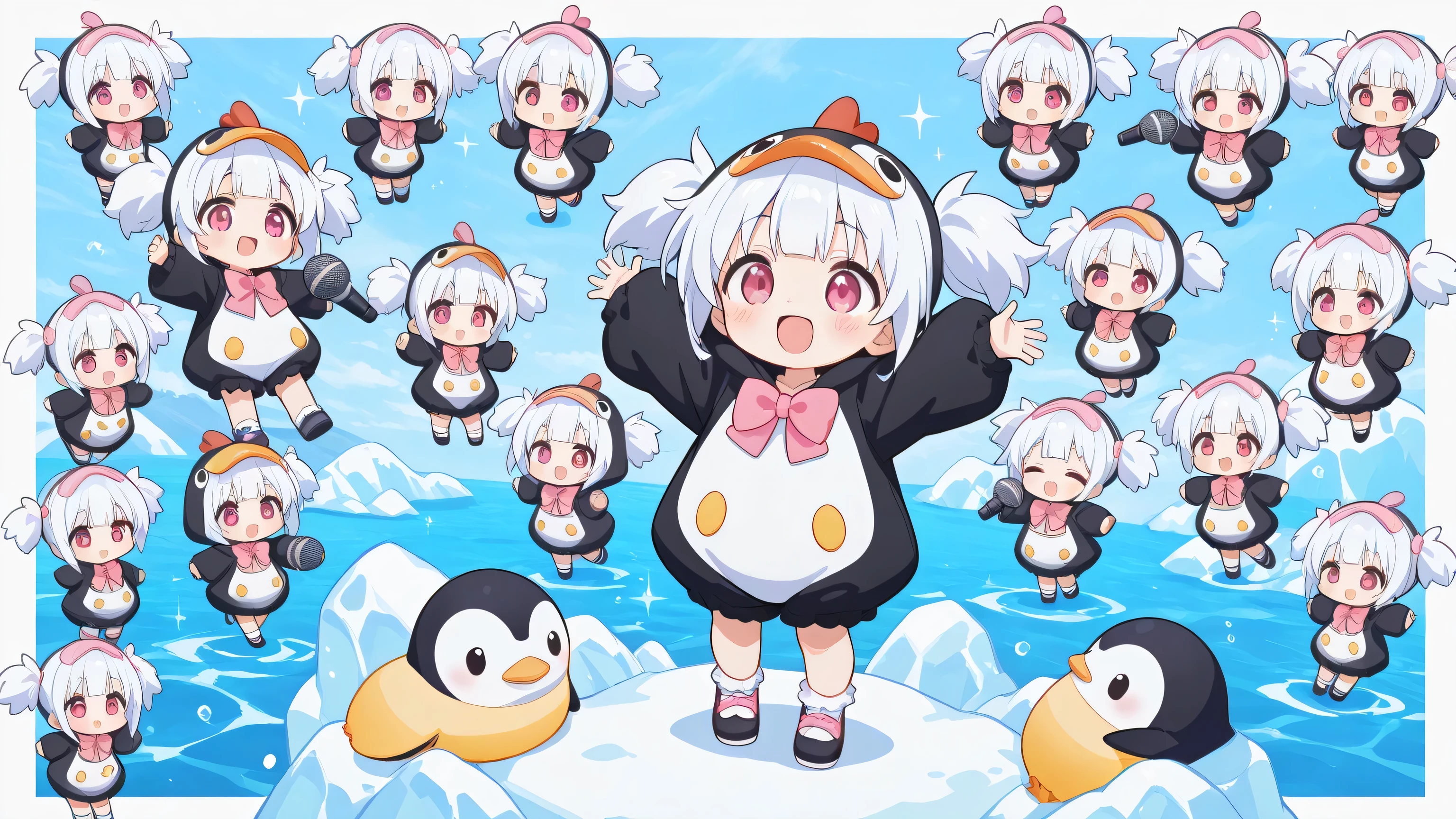 A woman singing into a microphone. Chibi, full body, cute girl, smile, fluffy short twin tails and sideburns in silky shiny flowing platinum, wearing a cute plump penguin costume, Pink Bow Tie, The background is an iceberg and ocean, masterpiece, Highest Quality, great quality, HYPER DETAIL, Newest, very aesthetic