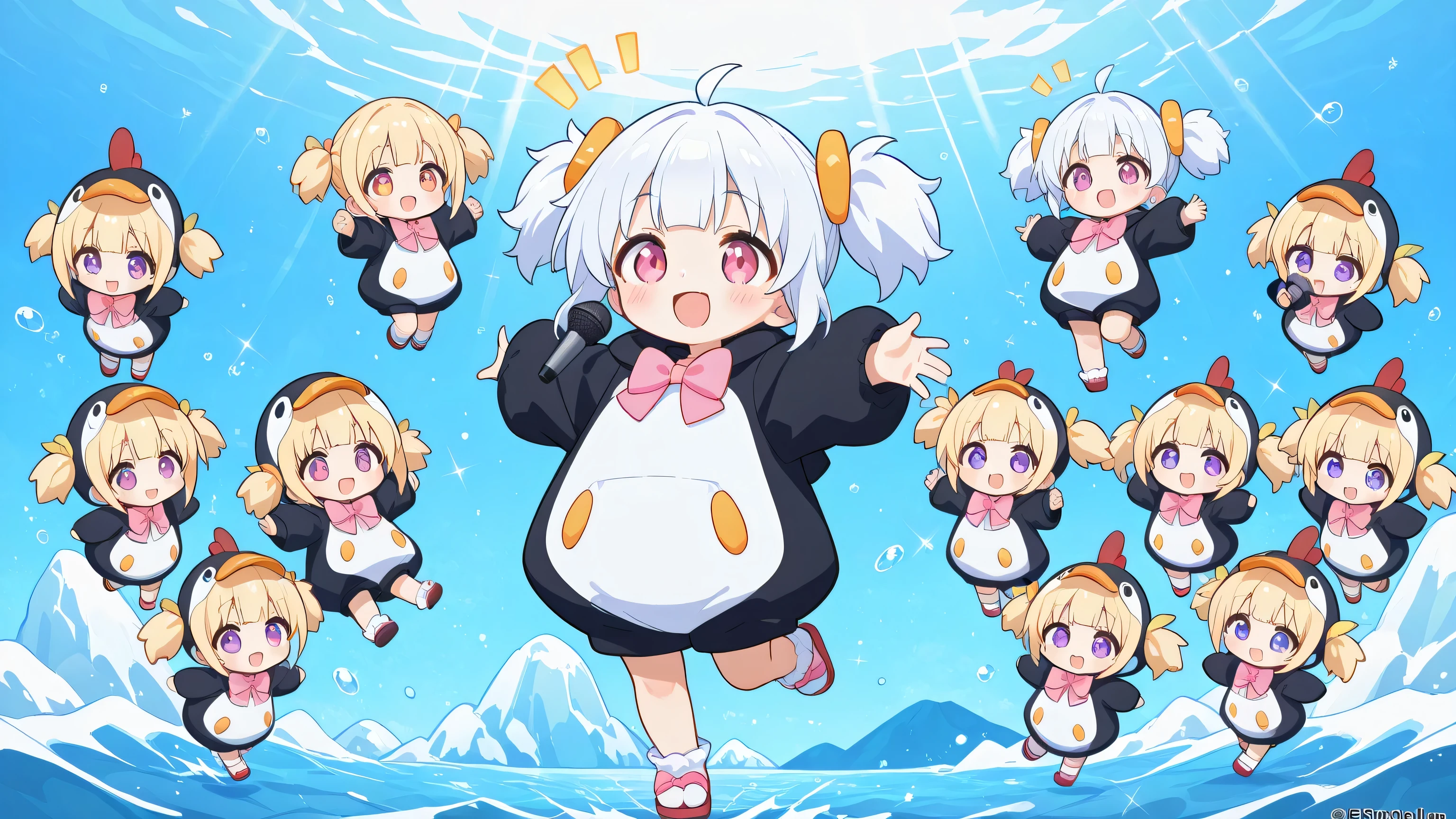 A woman singing into a microphone. Chibi, full body, cute girl, smile, fluffy short twin tails and sideburns in silky shiny flowing platinum, wearing a cute plump penguin costume, Pink Bow Tie, The background is an iceberg and ocean, masterpiece, Highest Quality, great quality, HYPER DETAIL, Newest, very aesthetic