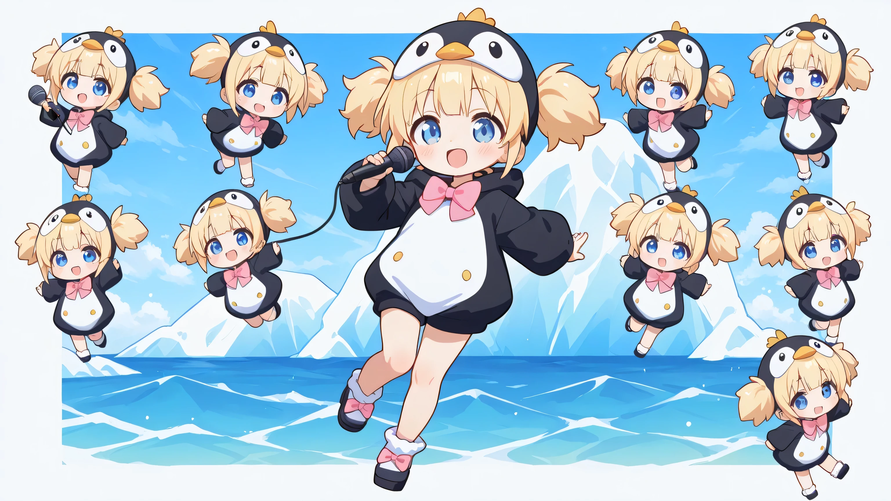 A woman singing into a microphone. Chibi, full body, cute girl, smile, fluffy short twin tails and sideburns in silky shiny flowing platinum, wearing a cute plump penguin costume, Pink Bow Tie, The background is an iceberg and ocean, masterpiece, Highest Quality, great quality, HYPER DETAIL, Newest, very aesthetic