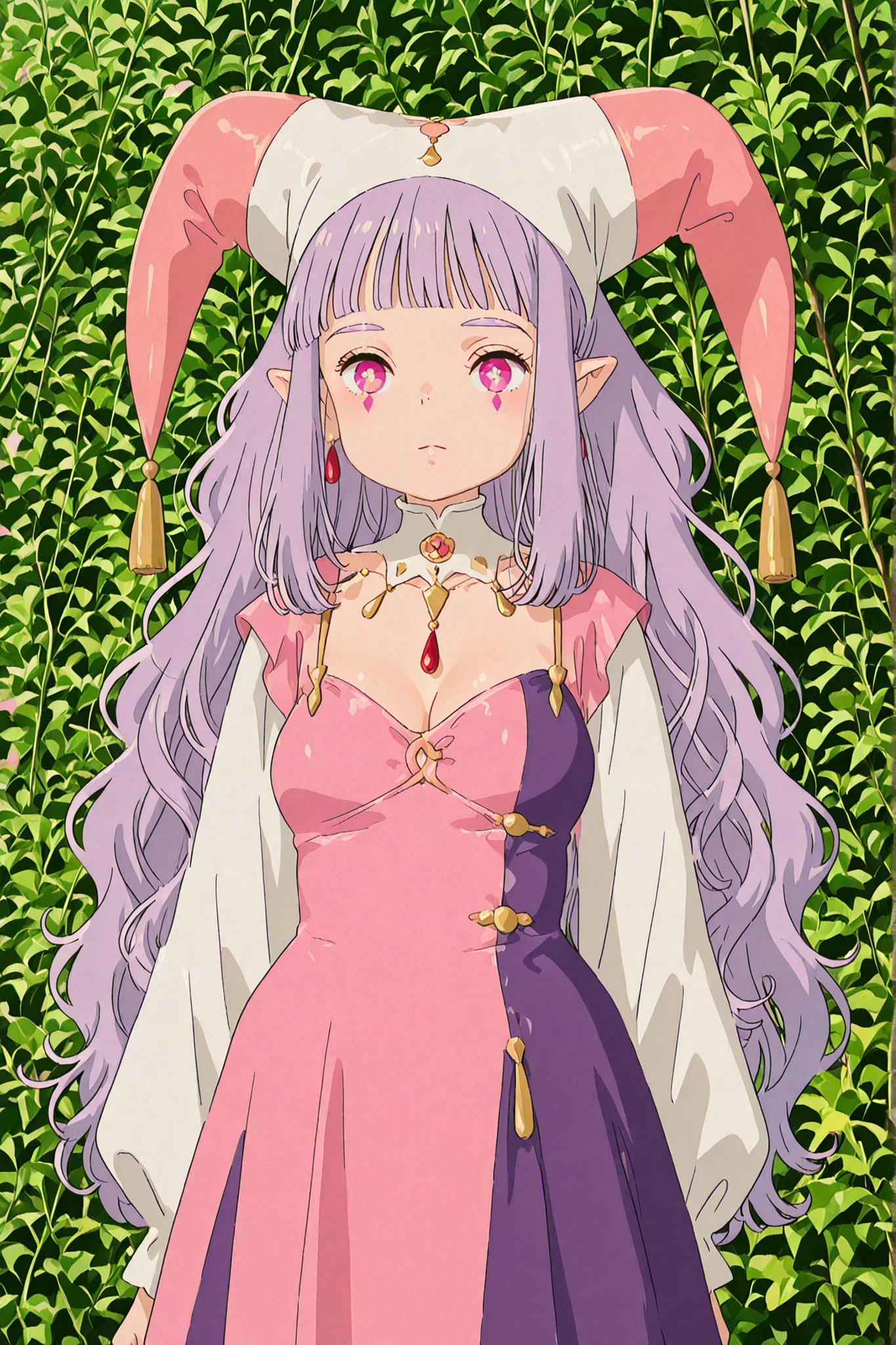 (((very short))) chubby, woman, pointy_ears, long flowing lilac wavy hair with hime bangs, harlequin dress, pink_eyes, studio_ghibli, flowery background