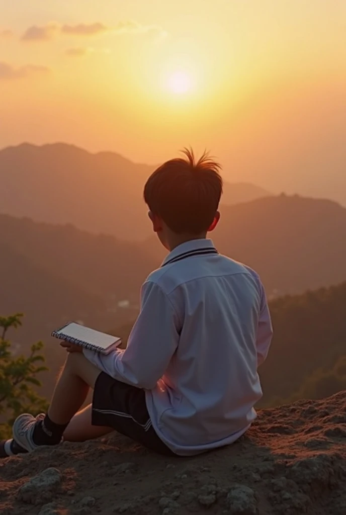 a school boy, sitting on the mountain, reading book,