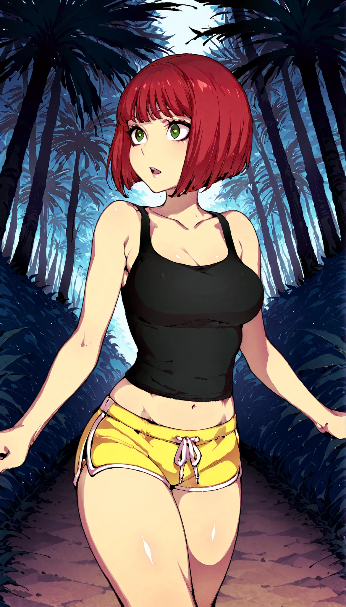 Source_anime, fishine style, 1girl, solo, redhead BREAK 

Short hair, red hair, bob_cut, bangs, green eyes, medium breasts BREAK  

Black tank top, navel, collarbone, yellow shorts , dolphin shorts BREAK  

Looking at side, curious face, open mouth, walking,

Outdoors, daytime, tropical forest, tr0p1c4l