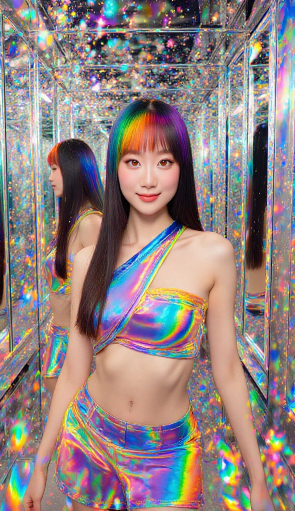 ((highest quality, 8k, masterpiece:1.3, 1 girl, beautiful girl)), High resolution, cute, dynamism, Detailed face, Detailed skin, Fine grain, Detailed lips, Realistic, RAW Photos, Natural light, Perfect Anatomy, Dynamic pose, Toned Legs, double eyelid, Tear bags, Round eyes, Moist lips, (Colorful liquid on naked body:1.2), Colorful Hair, Rainbow Hair, Colorful background, Japanese Girls, View Viewer, Exposing shoulders, Cowboy Shot, smile, Firm Abdomen,