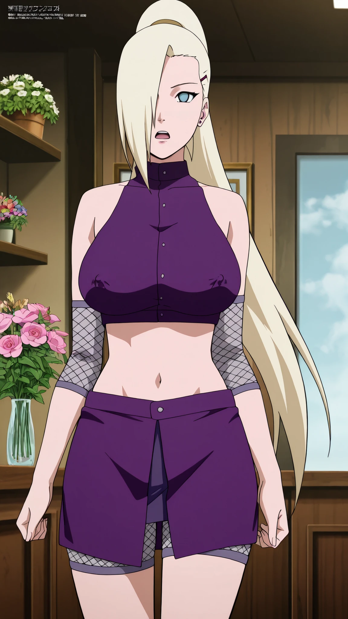 masterpiece, best quality, amazing quality, front light, anime screencap, 1girl, solo, InoShipuuden, blonde hair, high ponytail, hair over one eye, midriff, fishnets, crop top, big breasts, blue eyes, At the flower shop, purple skirt,cover nipple, open mouth,short pants mesh, standing, masterpiece,best quality,amazing quality,professional quality ,very aesthetic ,newest,scenery, ultra detailed ,highly detailed ,intricate , absurdres , high resolution , 4K , 8K , unity 8k wallpaper , crisp quality , sharp focus , rich contrast , rating_explicit , official art, official style,source_anime,anime screencap,anime coloring,megami magazine,anime,animated ,1girl,yamanaka ino,