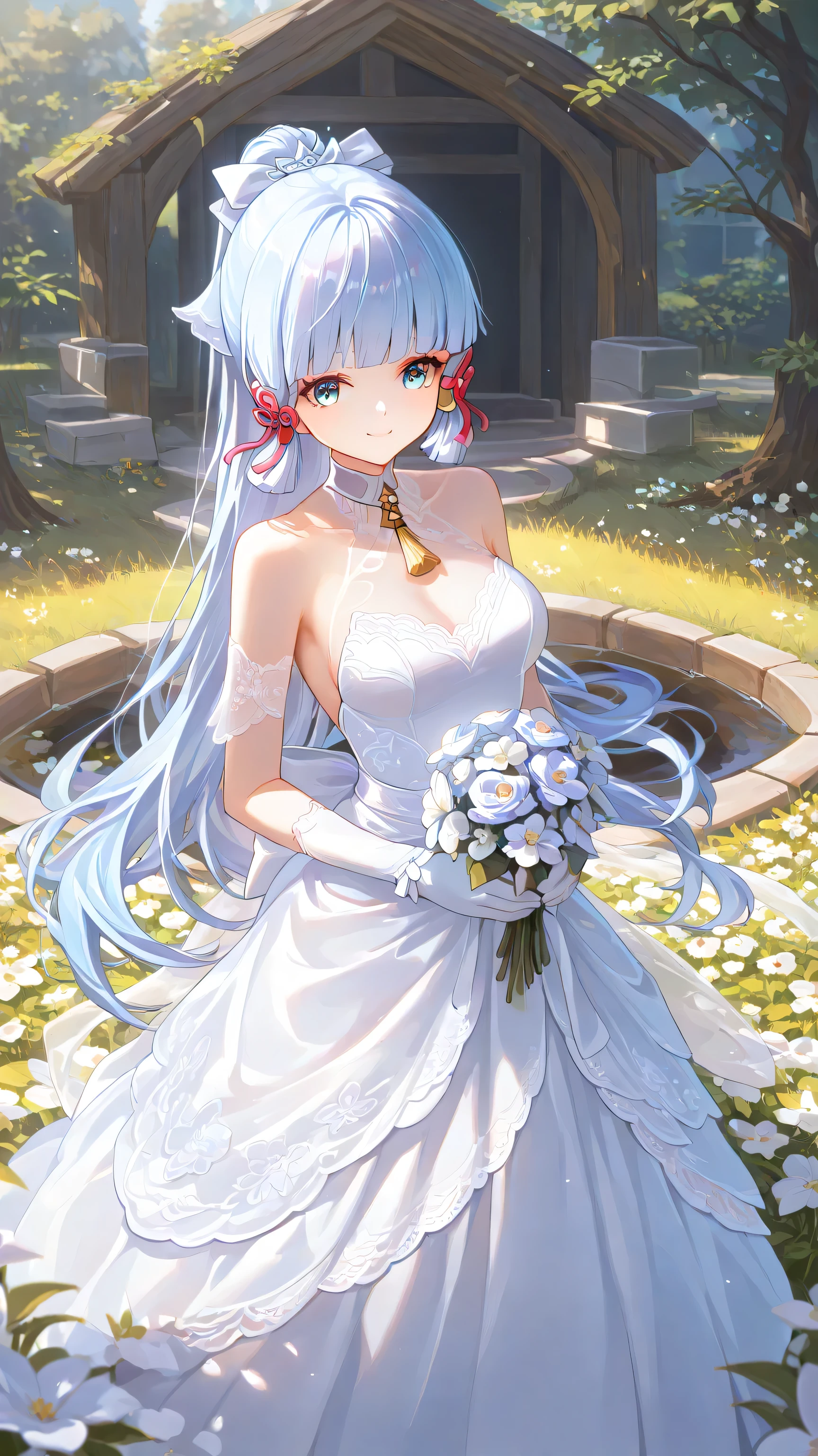 1 girl, From_Kamisato Ayaka\( Genshin\),Kamisato Ayaka,Pure White Wedding,Wedding Dress,Lace,White Gloves,Smile,outdoor,Flowers, Highly detailed, High Contrast, ray tracing, best lighting , cinematic composition, Pretty faces ,best quality, is very beautiful, ultra high res, Detailed Background, comics, Pastel Details ,See, Cafe with a soft atmosphere , style, solo,well-crafted hair and eyes,Flowers,Advanced CG illustration