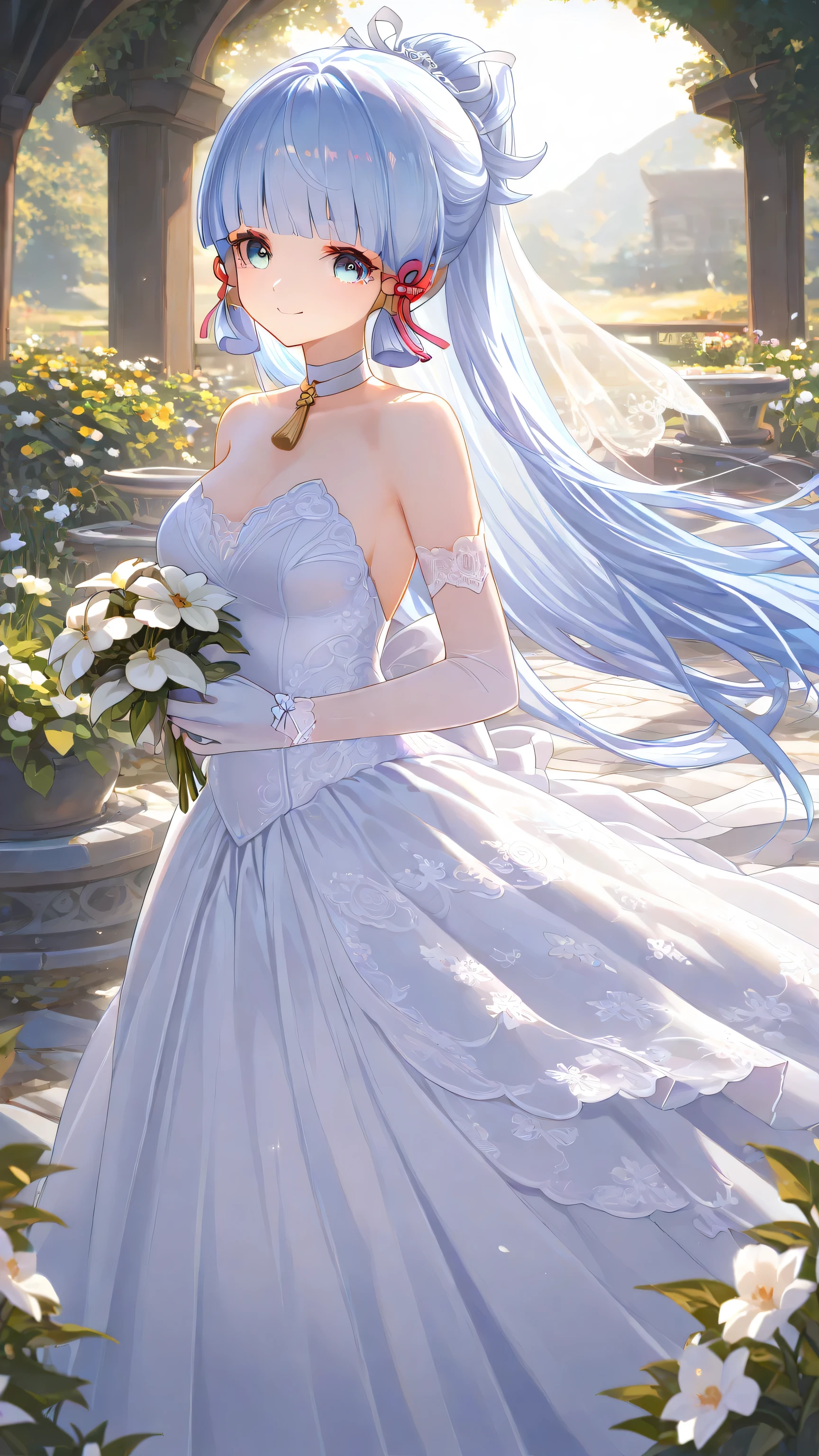 1 girl, From_Kamisato Ayaka\( Genshin\),Kamisato Ayaka,Pure White Wedding,Wedding Dress,Lace,White Gloves,Smile,outdoor,Flowers, Highly detailed, High Contrast, ray tracing, best lighting , cinematic composition, Pretty faces ,best quality, is very beautiful, ultra high res, Detailed Background, comics, Pastel Details ,See, Cafe with a soft atmosphere , style, solo,well-crafted hair and eyes,Flowers,Advanced CG illustration