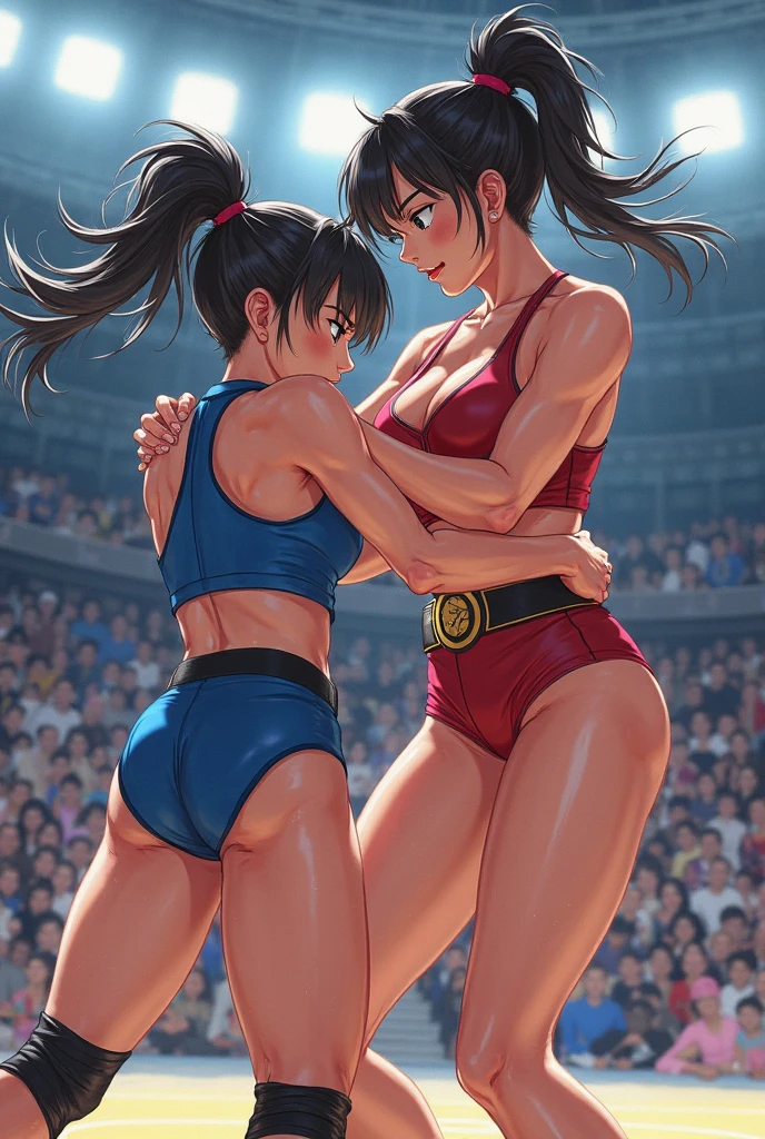 NSFW , on the beach boxing ring ,   Small woman and big woman , Fullbody shot , Wear Monokini swimsuit with pantyhose , Female boxing Face to face, huge breasts.