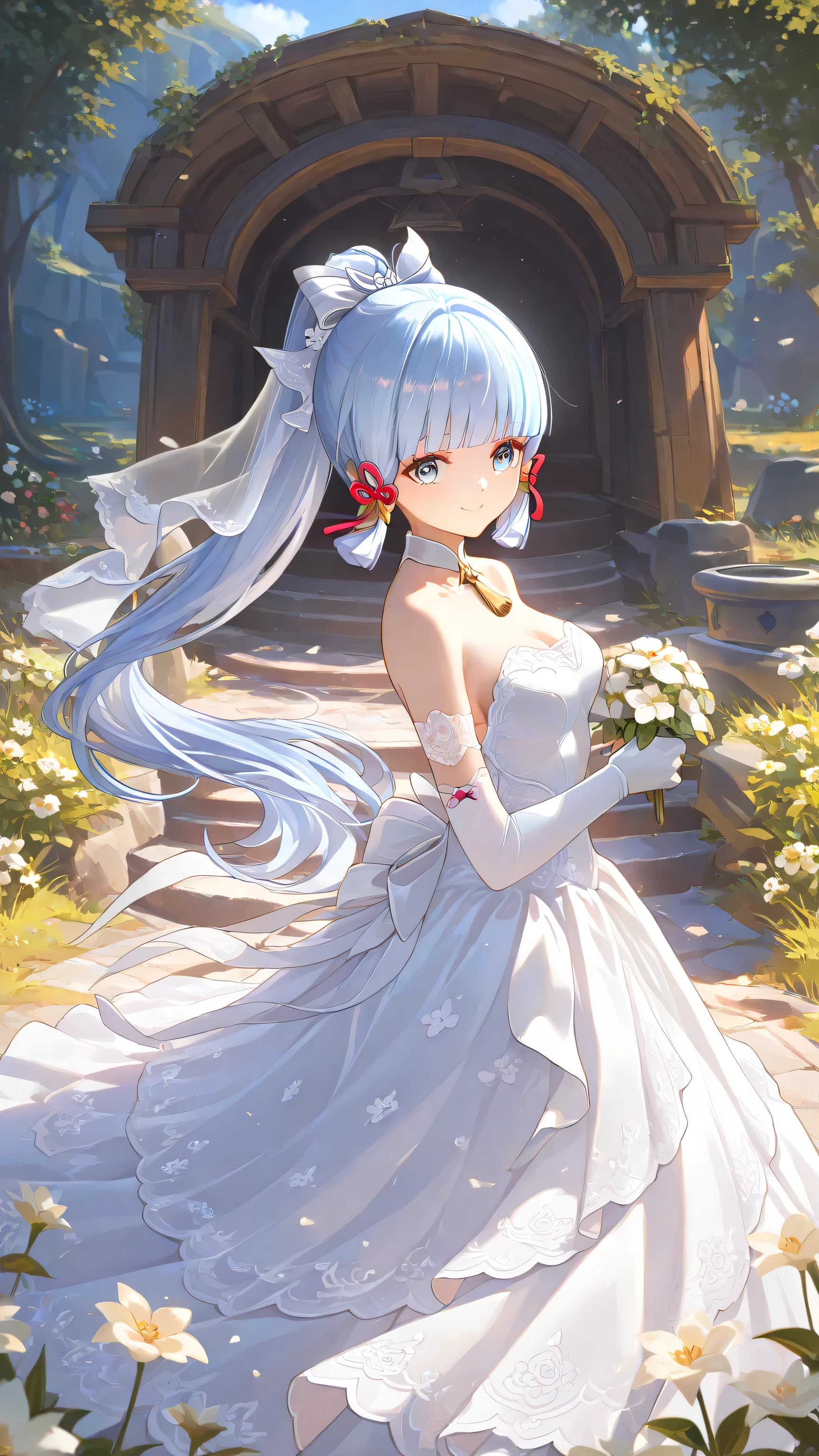 1 girl, From_Kamisato Ayaka\( Genshin\),Kamisato Ayaka,Pure White Wedding,Wedding Dress,Lace,White Gloves,Smile,outdoor,Flowers, Highly detailed, High Contrast, ray tracing, best lighting , cinematic composition, Pretty faces ,best quality, is very beautiful, ultra high res, Detailed Background, comics, Pastel Details ,See, Cafe with a soft atmosphere , style, solo,well-crafted hair and eyes,Flowers,Advanced CG illustration