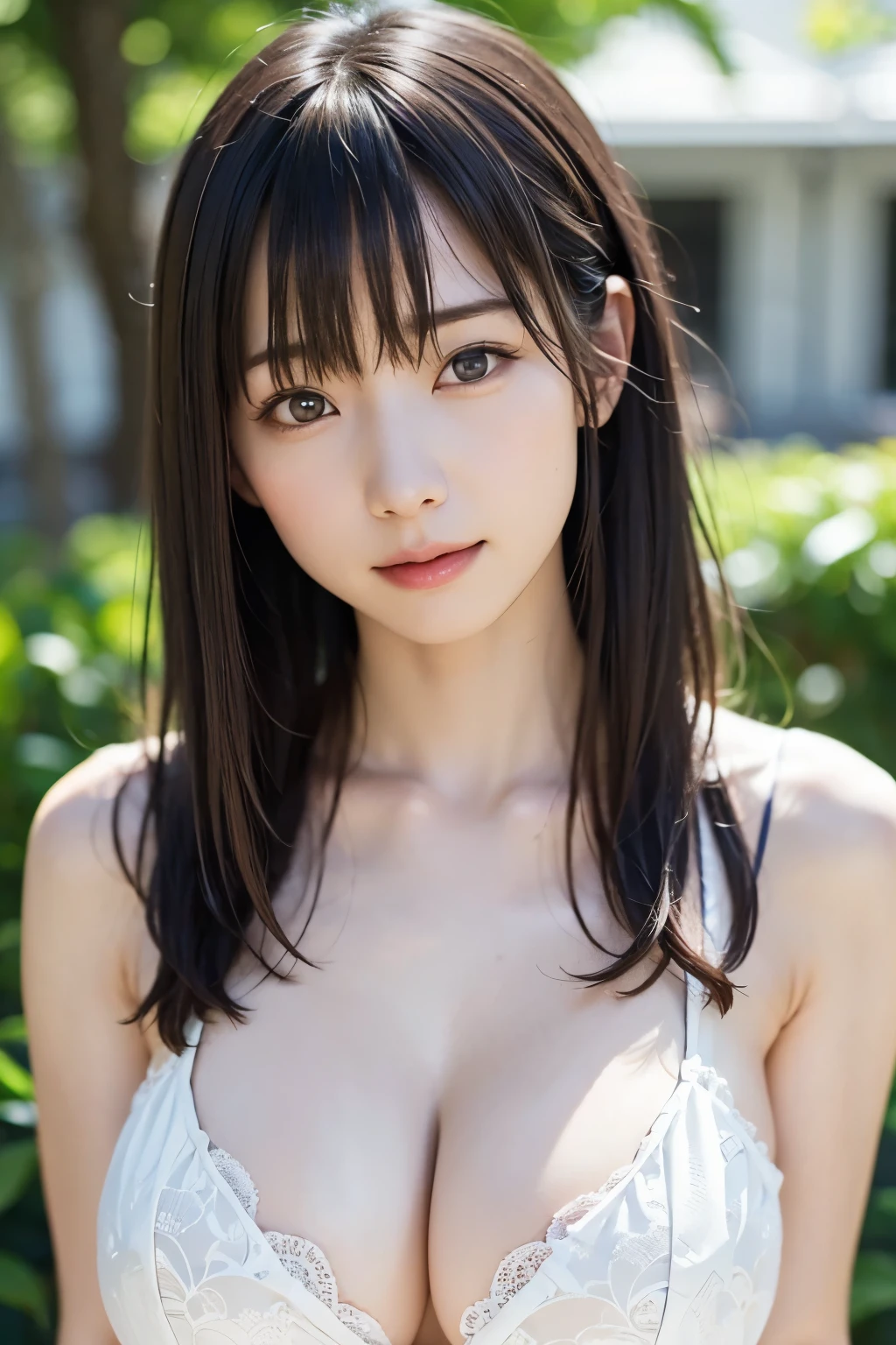 (Ultra-realistic) , (figure), (Increase the resolution), (8k), (Very detailed), (best figure), (Beautiful attention to detail), (Highest quality), (Very detailed), (masterpiece), (wallpaper), (Detailed face), 1 girl, Black straight hair, Ample breasts, Slender body, Subtle details, In the Dark, Deep Shadow, Modest, Pure Erotic Face Ace_v1, Smile, Summer Dresses, waterfall, Rainforest