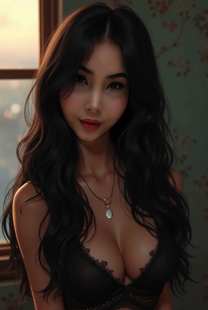 Sexy woman, black hair, off shoulder crop top, miniskirt, wide hips, thick thighs, beautiful face, amazing body, sultry pose, lustful expression