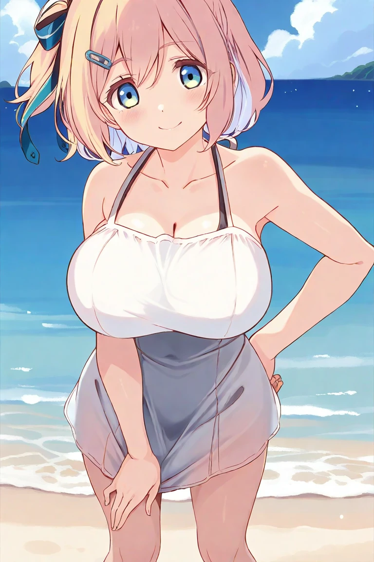 Anime illustration、highest quality、A short and plump female trainer、hot pants、Sandy Beach、Perfect proportions、overwhelmingly big breasts、Beautiful, shining eyes、Blushed、smile、Cowboy Shot