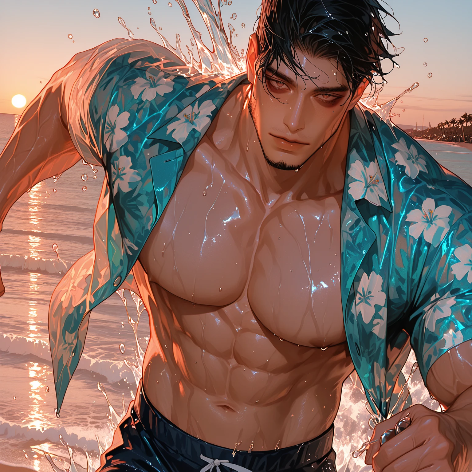 ((Extremely detailed CG unity8k wallpaper)|game_cg|masterpiece|best quality|illustration| {High resolution}|fine painting|aesthetic painting|high detail, beautiful and detailed eyes, detailed face, detailed skin, A handsome Chinese guy, this young and handsome male model, standing in the sea, his whole body soaked with sweat, his short hair gently swaying in the sea breeze. His abs are solid and powerful, as if he can burst out with amazing power at any time. His chest hair shone golden in the sun. He wears a simple thong, showing off the perfect golden ratio figure, The covered by the thong looms. His facial features are delicate and perfect. In this picture, the tall figure of the male model is complemented by the soft and warm sand, which arouses people's imagination, is fascinating, and makes people linger. --auto --s2