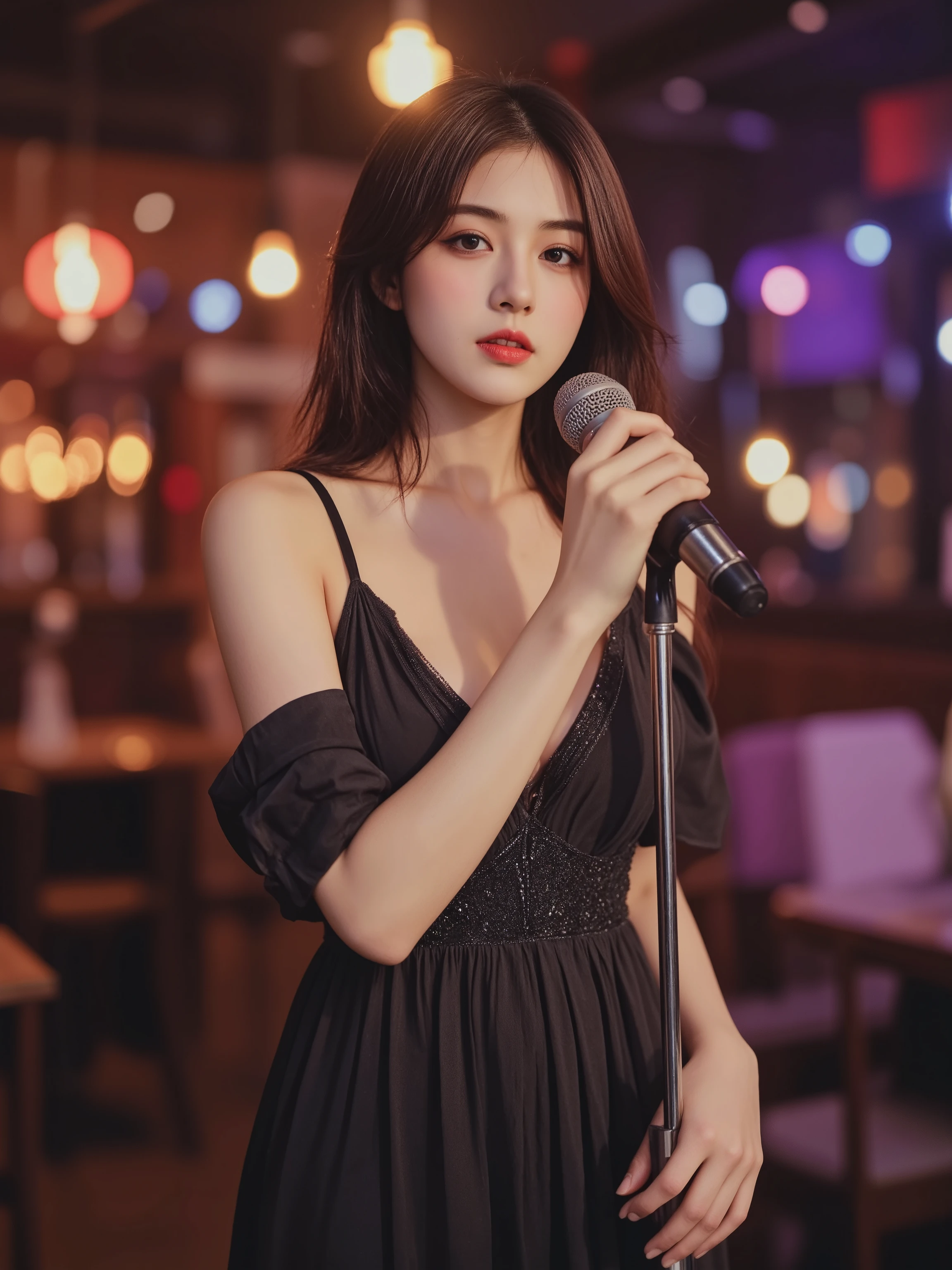 attractive woman singing on a calm bar stage, stand singing into the microphone with a serious expression and plenty of emotion, in a glamorous dress, Elegant hairstyle, Delicate Expression, graceful behavior, Ambient Lights, calm bar interior, Wood-grain tile floor, warm, warm colors, High Quality, Realistic, Photo shoot, Professional, 4K resolution for hard hair, Extreme detail, Vivid Colors, bokeh