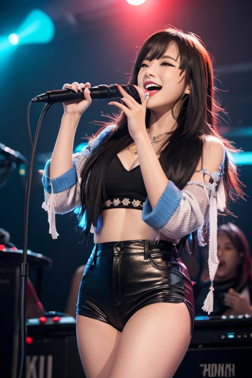 a Japanese girl with a beautiful smile, prominently displaying her big breasts, dressed in a rock 'n roll outfit. She is skillfully playing a futuristic guitar, captivating the audience with her mesmerizing performance. Her shirt with buttons open shows off her cool, rebellious style, while her matching panties and bra add a hint of sensuality. In the background, a dynamic rock band accompanies her, creating an electrifying atmosphere. The image should have the best quality, with ultra-detailed features and a realistic, photorealistic rendering. The colors should be vivid, accentuating the vibrant energy of the rock 'n roll scene. The lighting should be dramatic, emphasizing the girl's captivating presence on stage.