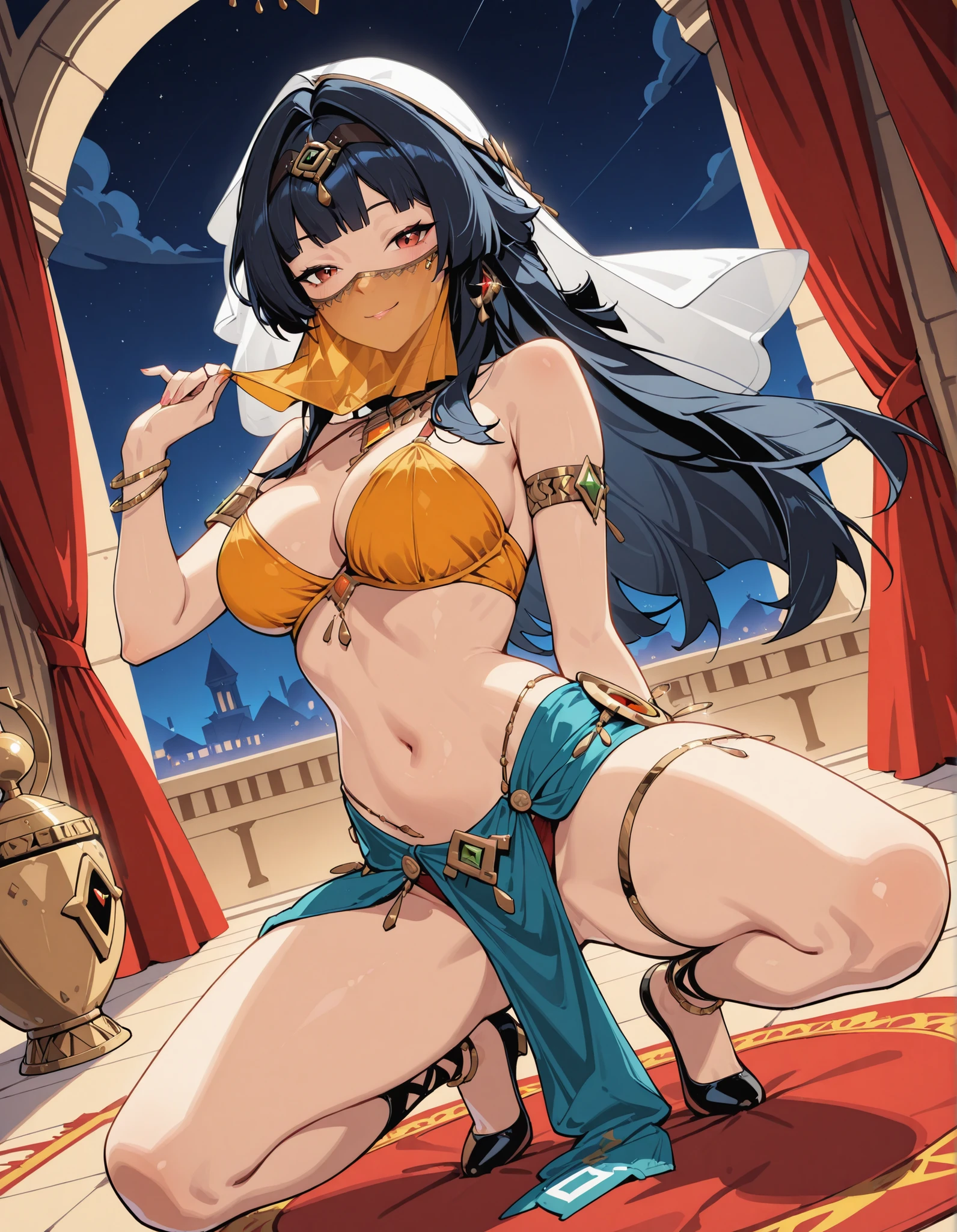 (kinako_(shiratama_mochi) style, eishin_flash_\umamusume\), ((topless)), horse ear, horse tail, nsfw, masterpiece, sarong, gold skirt, solo, 1 girl, erect nipples, nipples, navel, bare breasts, bare stomach, full body, indian hairddress, outdoors, palace, morocco, casa blanca, collarbones, slim waist, black hair, short hair, detailed eyes, beautiful eyes, blue eyes, necklace, gold bracelet, gold cutouts, jewelries, goddess, mouth veil, dancing, cowboy shot, party, blurred people on background, date palm trees, night, gold lights, moonlight, watching crowd, smiling, sweaty body, large nipples