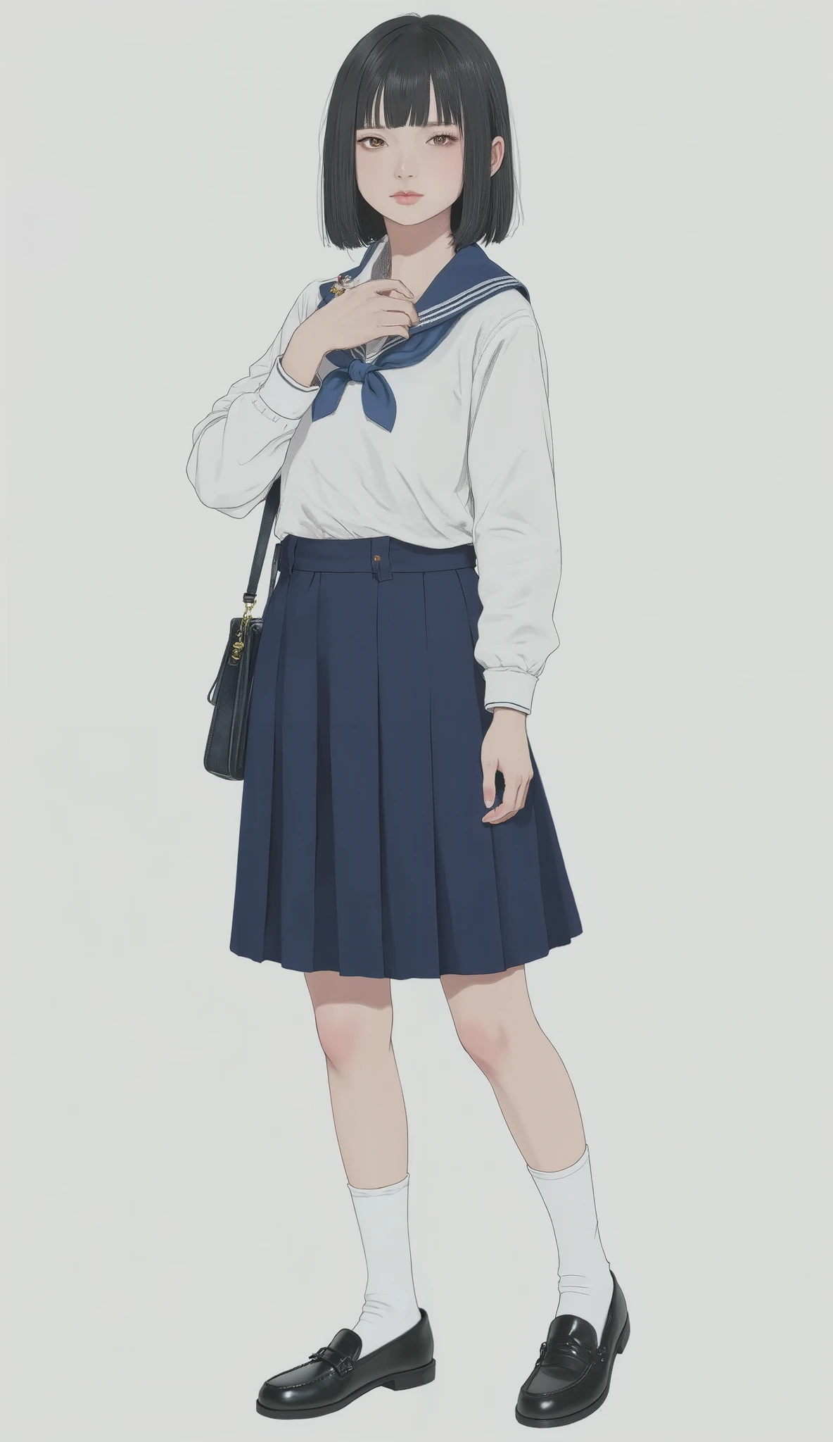 young girls wear traditional Japanese school uniforms, skirt has pleats and the、matches the deep blue of her collar. skirt is pleated、matches the deep blue of her collar. She is sophisticated, wears a matching school bag on her shoulder. The focus is on uniforms From details and posture, young々conveys the energy and charm of school days {x} This attire is、and is enhanced by long white socks that reach just below the knee and black loafers underfoot。. Her Long, black hair is a simple style with slight curls at the ends. she stands in a playful position, putting his hands on his waist, And make you tilt your head a little. The lighting is bright, casts a soft shadow on her feet, The, Minimalistic Background. consists of a navy blue collar adorned with a blue ribbon.