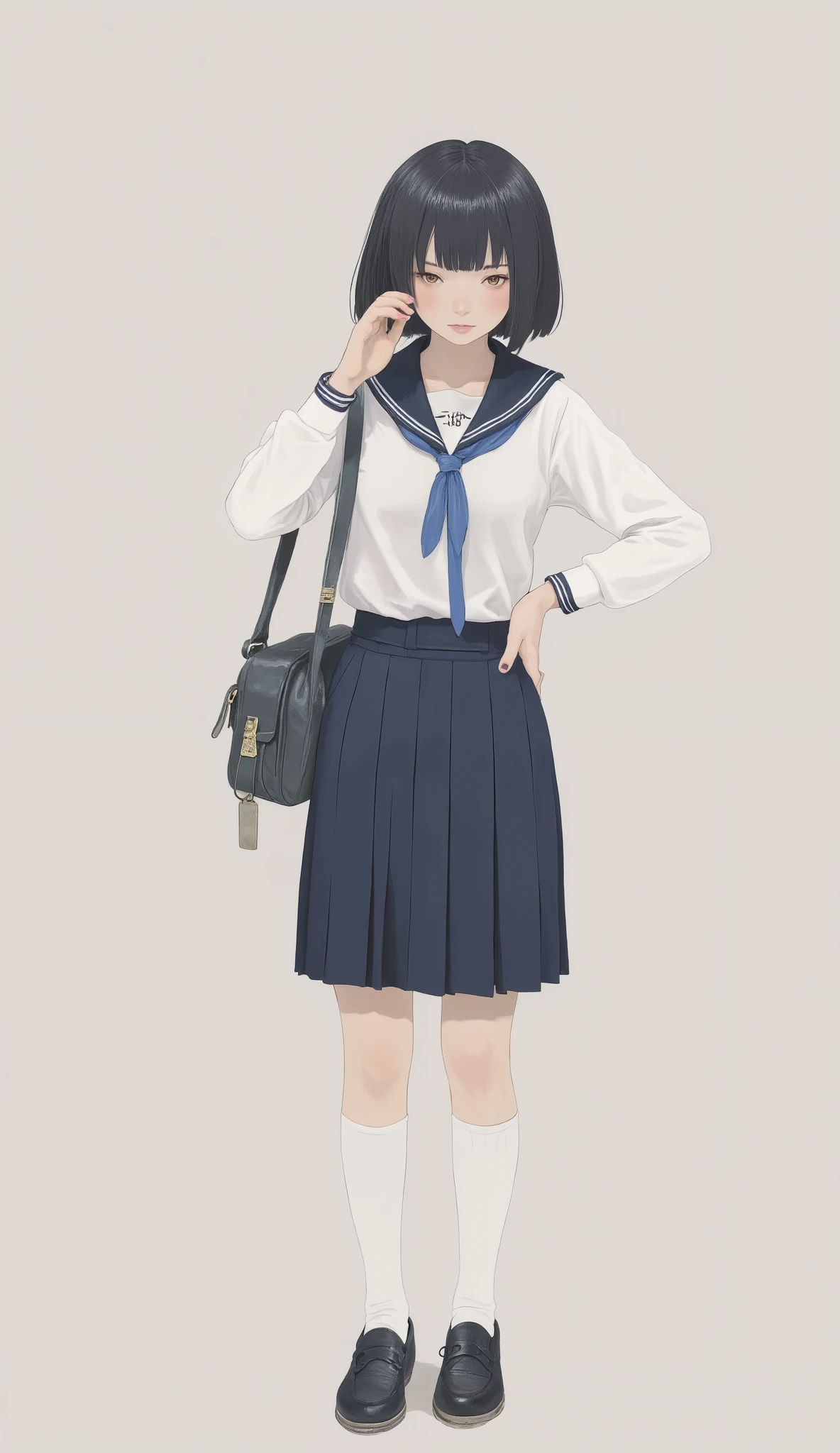 young girls wear traditional Japanese school uniforms, skirt has pleats and the、matches the deep blue of her collar. skirt is pleated、matches the deep blue of her collar. She is sophisticated, wears a matching school bag on her shoulder. The focus is on uniforms From details and posture, young々conveys the energy and charm of school days {x} This attire is、and is enhanced by long white socks that reach just below the knee and black loafers underfoot。. Her Long, black hair is a simple style with slight curls at the ends. she stands in a playful position, putting his hands on his waist, And make you tilt your head a little. The lighting is bright, casts a soft shadow on her feet, The, Minimalistic Background. consists of a navy blue collar adorned with a blue ribbon.