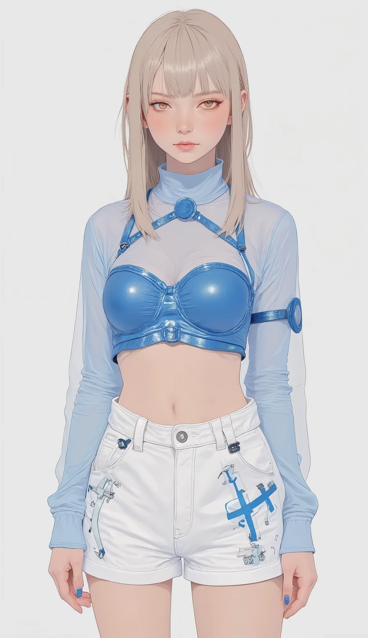 This image has a young々shows a very dynamic figure。, features stylish attire。. She wears an eye-catching ensemble that includes a shiny blue crop top。, features intricate cross details and a small circular emblem on the neckline。. This top is paired with high-waisted white shorts。, adorned with matching blue accents。, has a prominent belt and decorative buckles。. Her outfit is modern It conveys a playful aesthetic sense。, emphasizes her exposed belly and contrasting long sleeves。. nails are painted bright blue。, with a slightly irritated expression. Figure hair, and legs that bounce gracefully, Soft blond hair。, adds warmth to the overall palette。. Clean, The white background emphasizes the bright colors and refinement of the design。, Decorated with、creates a fresh and vibrant atmosphere.