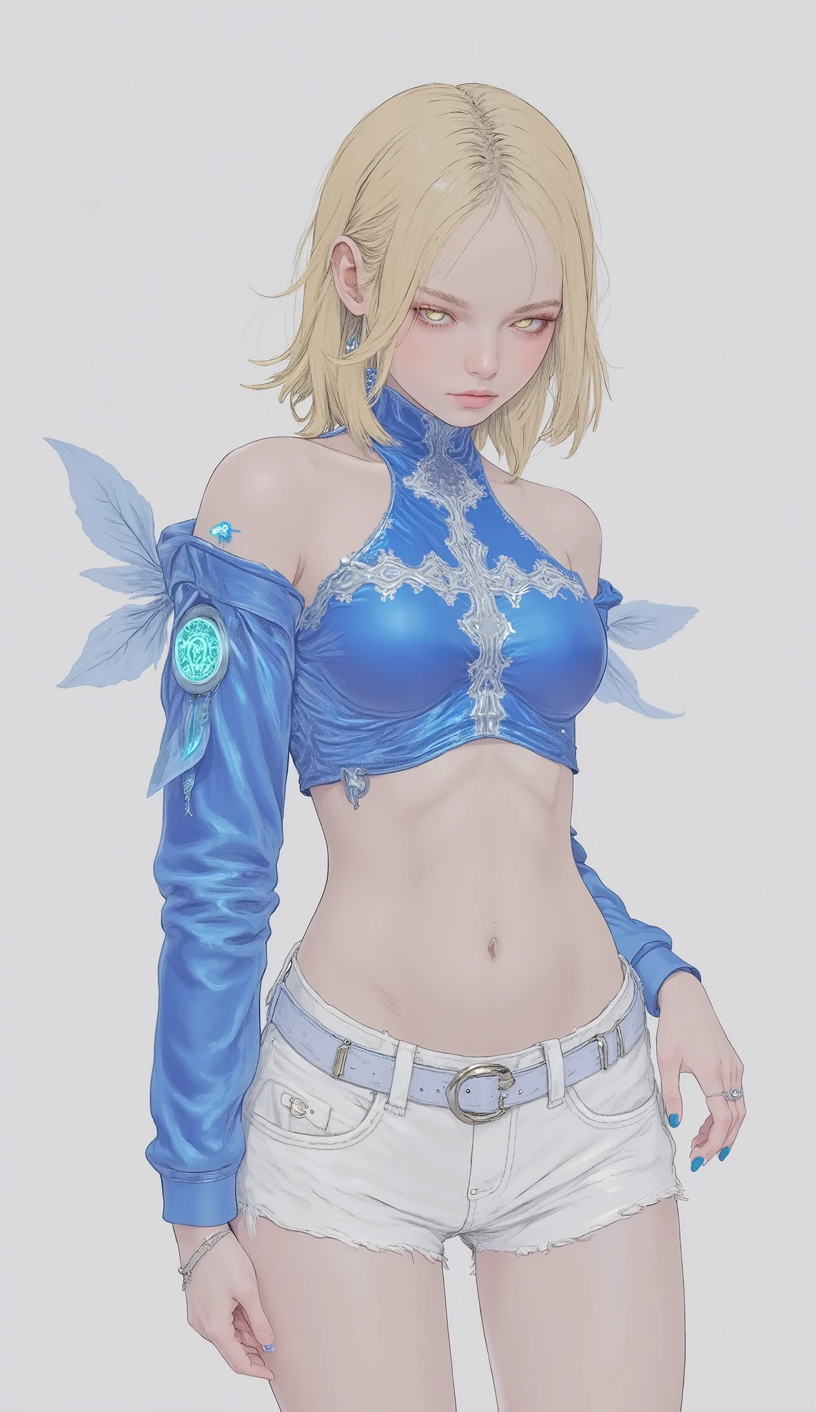 This image has a young々shows a very dynamic figure。, features stylish attire。. She wears an eye-catching ensemble that includes a shiny blue crop top。, features intricate cross details and a small circular emblem on the neckline。. This top is paired with high-waisted white shorts。, adorned with matching blue accents。, has a prominent belt and decorative buckles。. Her outfit is modern It conveys a playful aesthetic sense。, emphasizes her exposed belly and contrasting long sleeves。. nails are painted bright blue。, with a slightly irritated expression. Figure hair, and legs that bounce gracefully, Soft blond hair。, adds warmth to the overall palette。. Clean, The white background emphasizes the bright colors and refinement of the design。, Decorated with、creates a fresh and vibrant atmosphere.