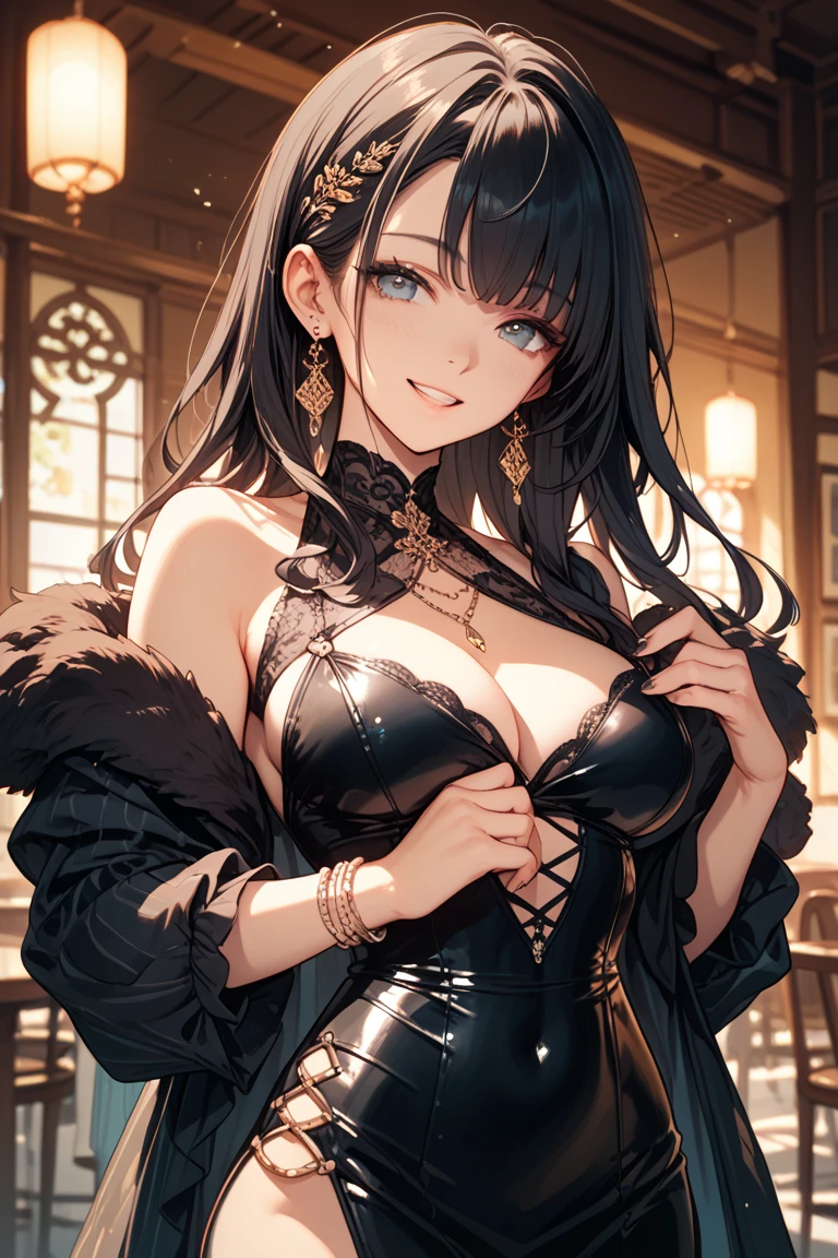((Highest quality)),(Ultra-high resolution),(Super detailed),(Detailed Description),((The best CG)),(masterpiece),Highly detailed art,(Art with precise detail:1.5), (Lady:1.5),smile:1.4,(A gorgeous dress with a gorgeous design:1.9),(Off the shoulder:1.3),Evening Gloves:1.5,(Jewel-encrusted tiara:1.2),Rosary Cross:1.3, Stained glass:1.4,Candles:1.4,Sparkling chandeliers, Particles of light pouring down:1.1