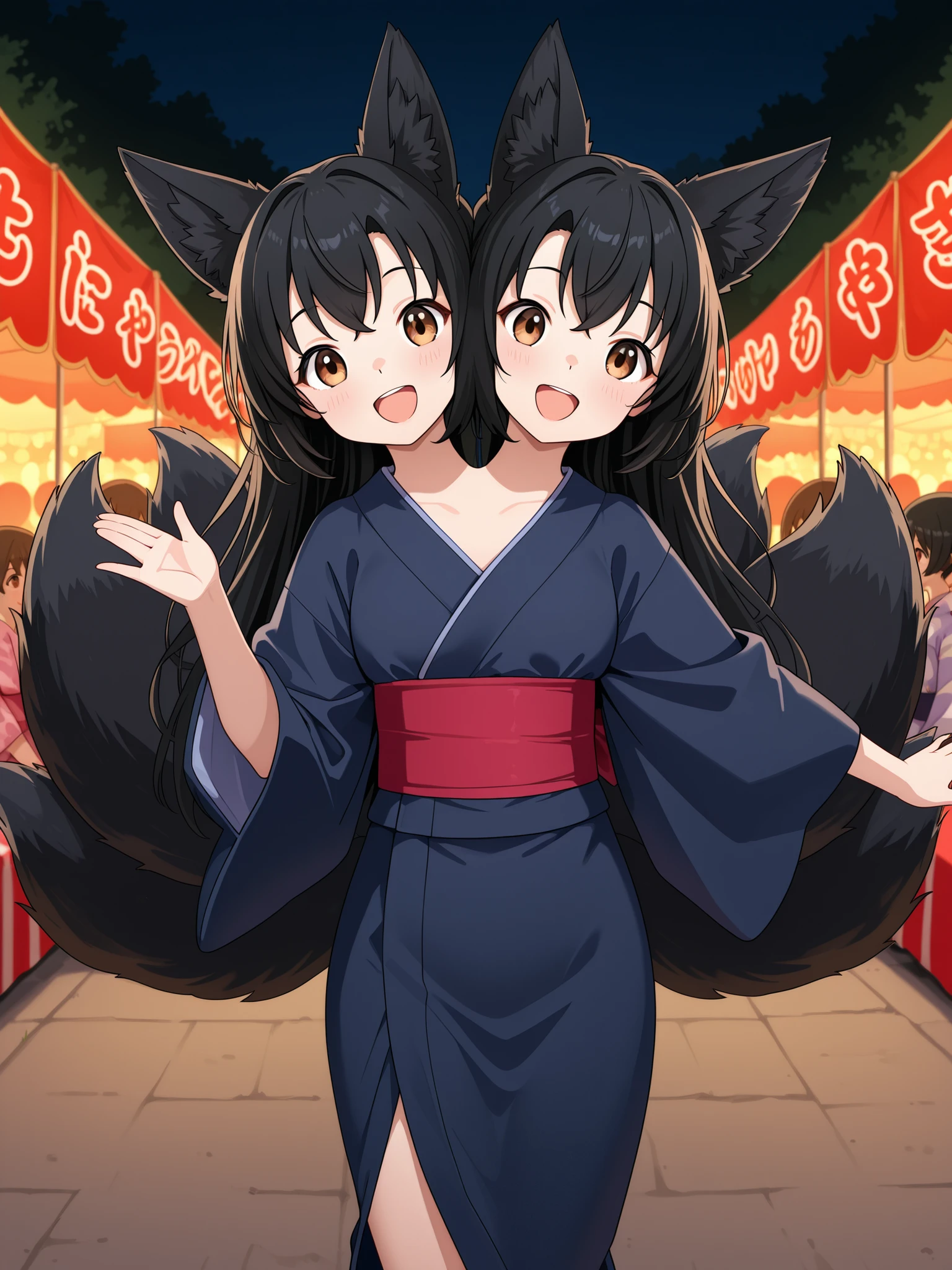 conjoined, anime girl with two heads, kitsune, black hair, fox ears, brown eyes, happy, open mouth, kimono outfit, yukata, outdoor festival at night