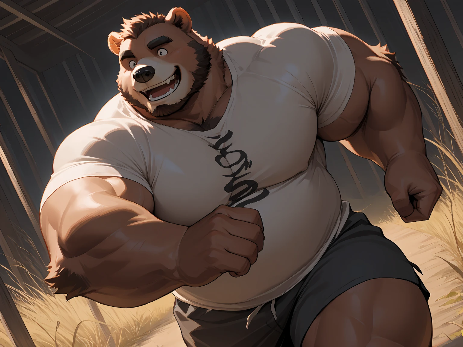 Big Rhinoceros Bara furry anthropomorphic muscular in white t-shirt green shorts