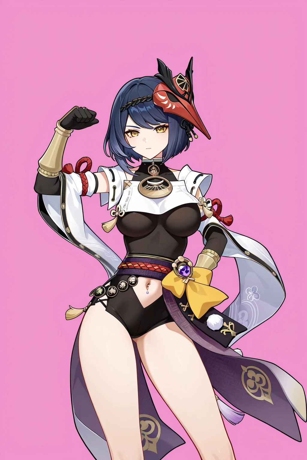 masterpiece, best quality, fembyleth_summer, capelet, necklace, black bikini, hair flower, tassel, belt, sandals, dancing, simple background, yellow background, smile <lora:byleth-nvwls-ver5-000014:0.8>
