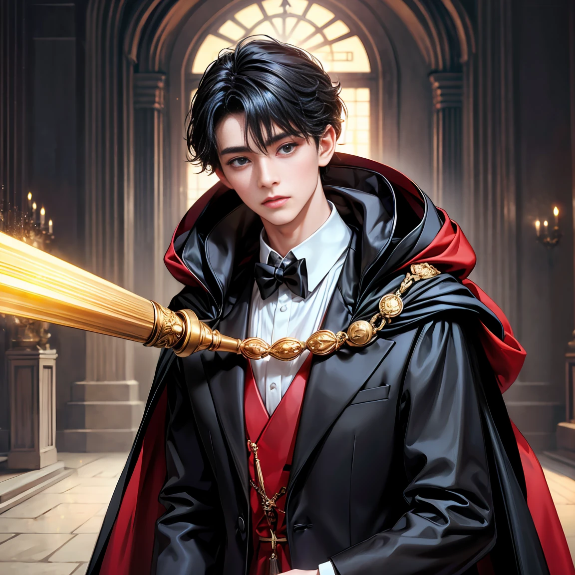 A boy with brown hair combed back, dressed in a black military sweater, underneath a white player, black pants and black and white adidas superstars, with a sword with shades of grey, black and white, and he also wears a cape that has the night sky with stars on it