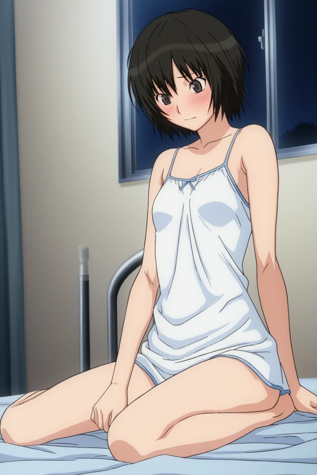 score_9, score_8_up, score_7_up, source_anime,
yukariyukino, yukari yukino, short hair, black hair, detailed blue eyes, hair between eyes,(( perfect eyes )), Perfect face, expressive eyes,
(show off breast), ((undress camisole)), detailed nipples,, white lace panties,
indoors, bed, realistic bed room, on side, blush, 
cowboy shot, looking at viewer, solo, dutch angle,