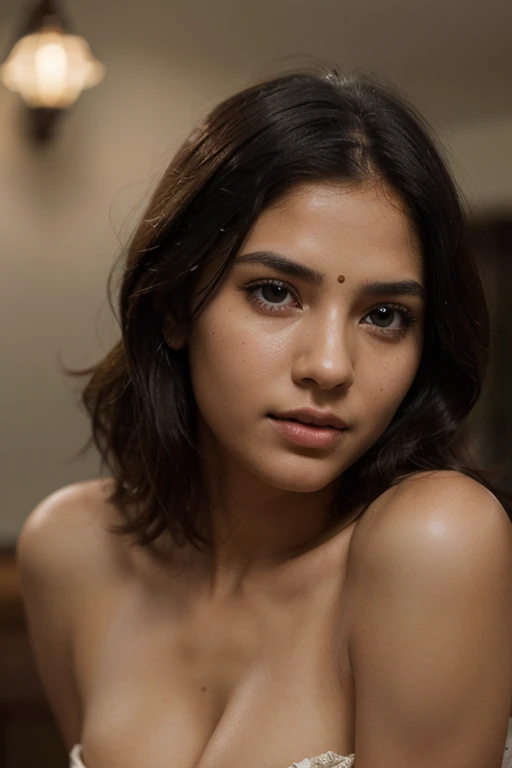 A young indian woman aged 23, masterpiece, high quality, ultra realistic, body measurements-33:27:36, absolutely stunning, beautiful detailed portrait, light brown skin color, brown eyes,brown wavy hair till waist, oval shaped face, pointed chin, 8k, heart shaped lips, thin pointed eyebrows, sharp neckline, closed mouth, consistent,height-5'3, weight-45 kg, small monolid eyes, exact fingers, human, highly rendered,8k, realistic, pointed ear shape, straight snub nose, clear face, hyper realistic, lighting, sharp details,consistent face and body